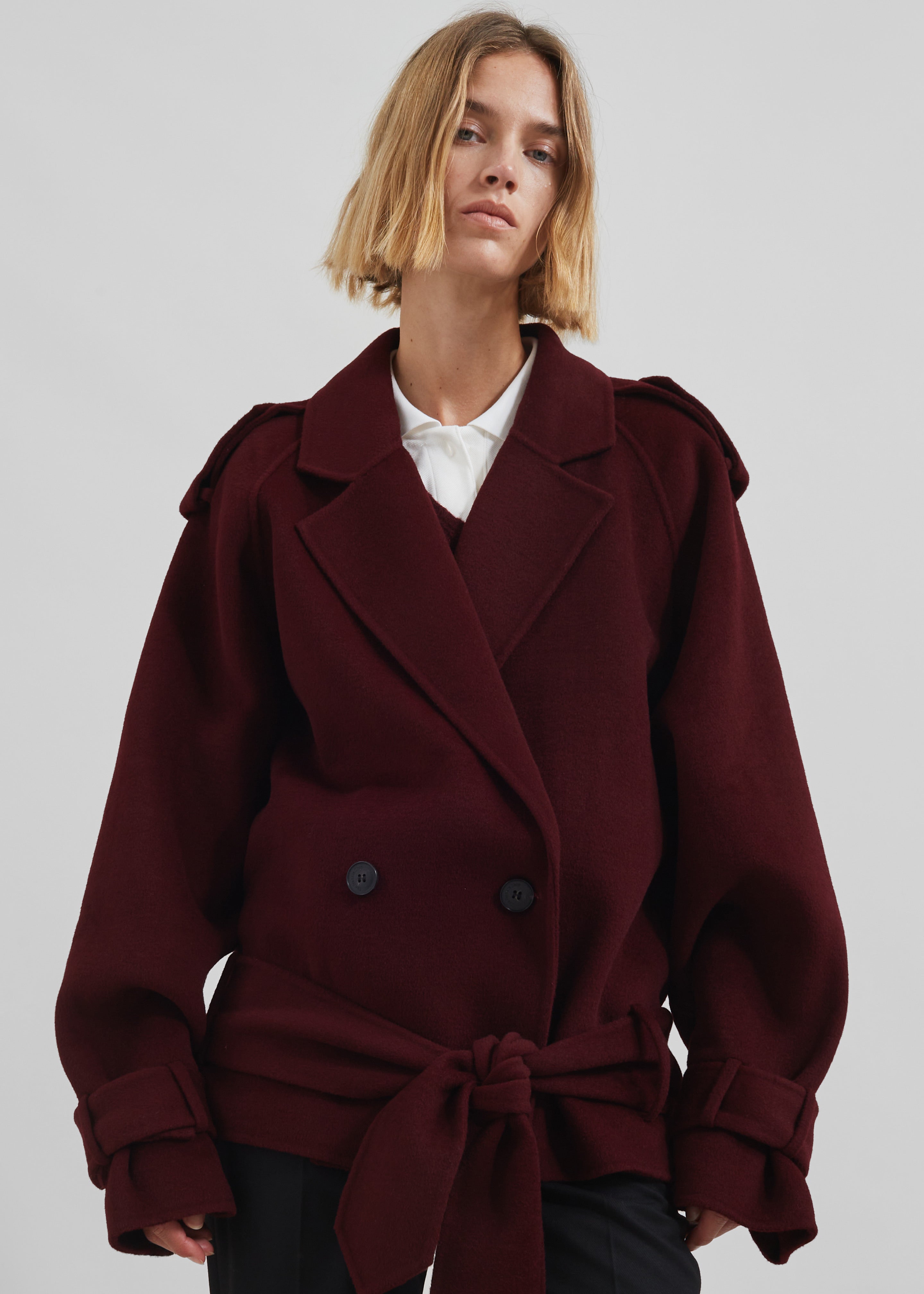 Elys Short Wool Trench - Burgundy - 11