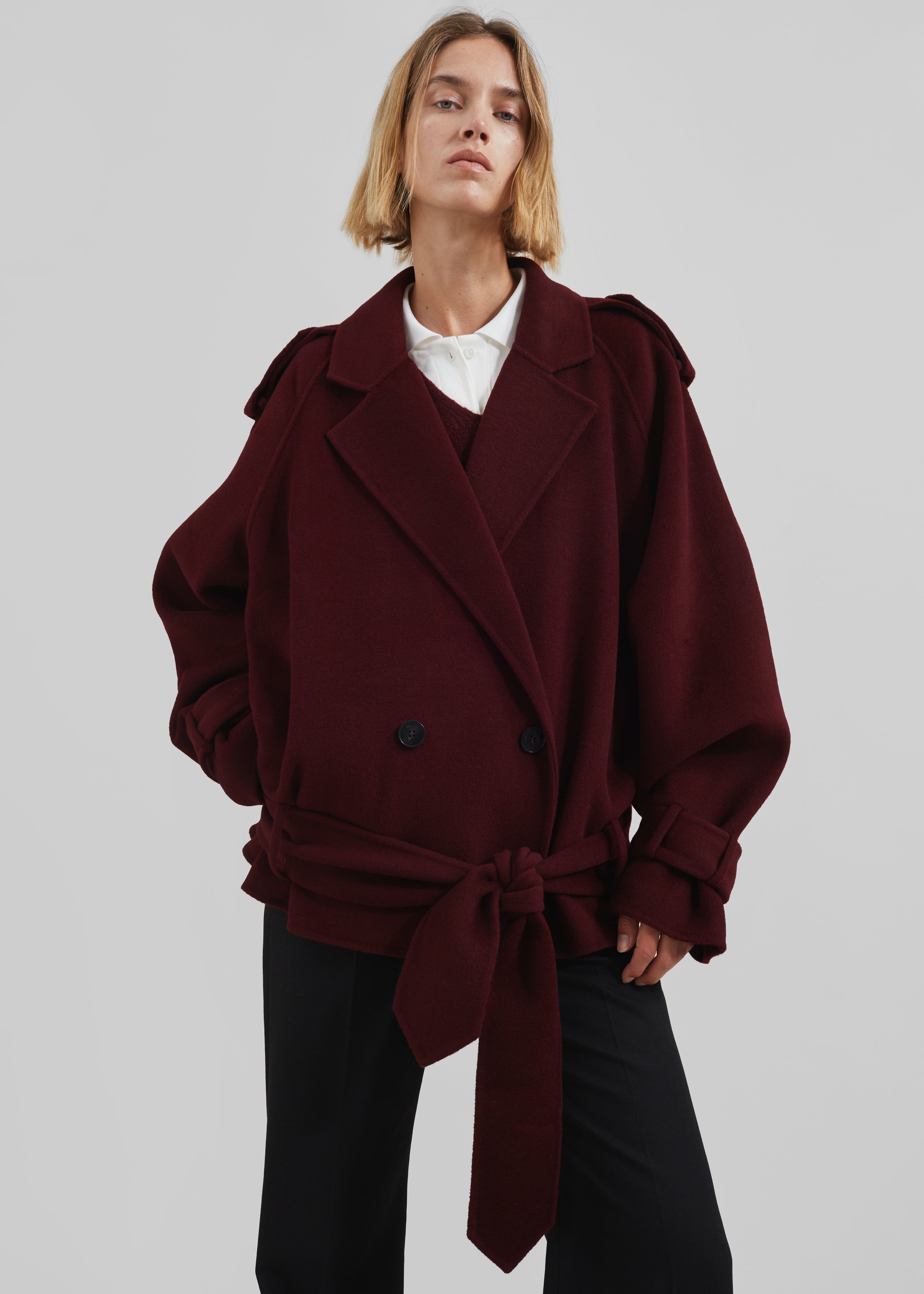 Elys Short Wool Trench - Burgundy - 1