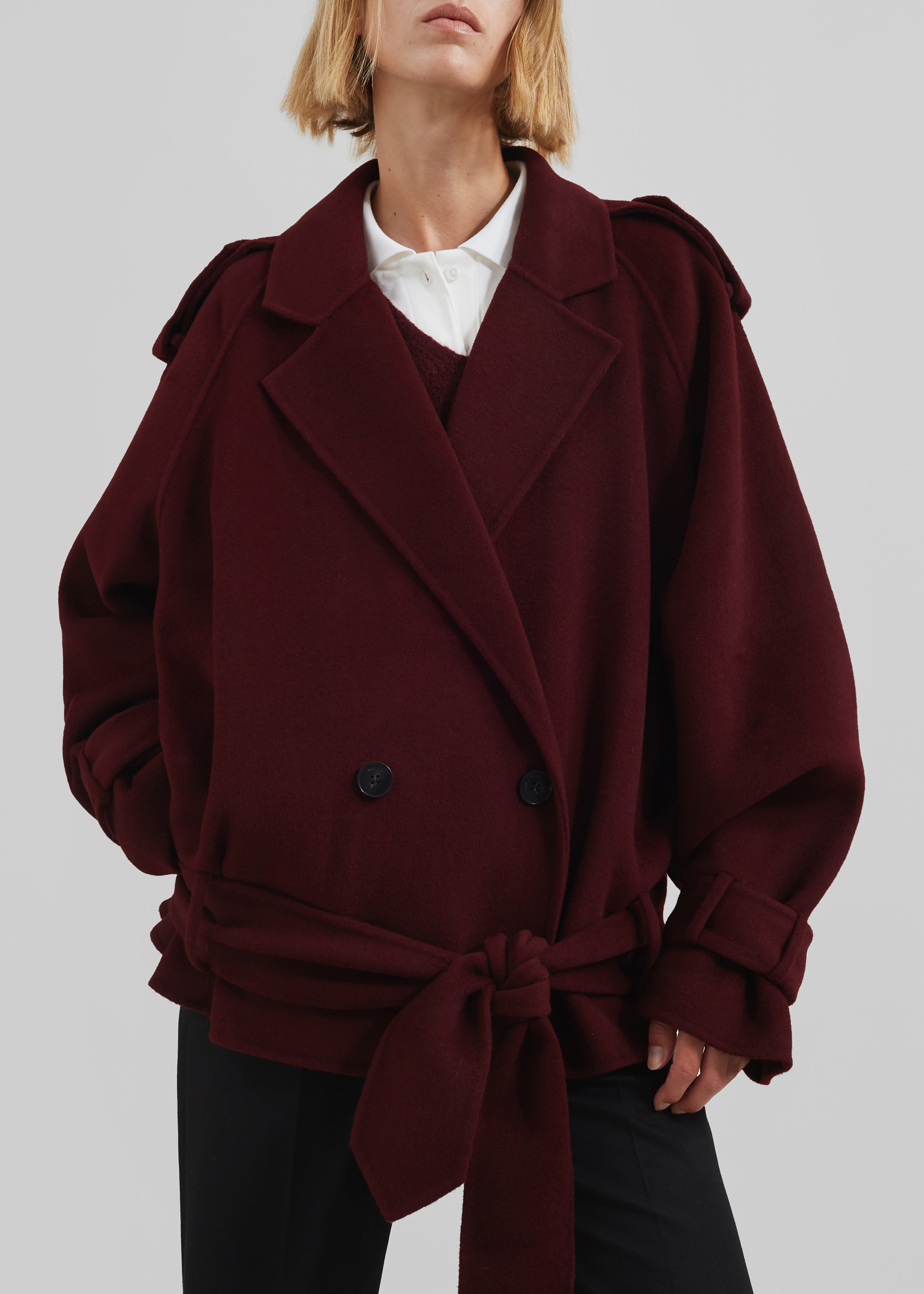 Elys Short Wool Trench - Burgundy - 5