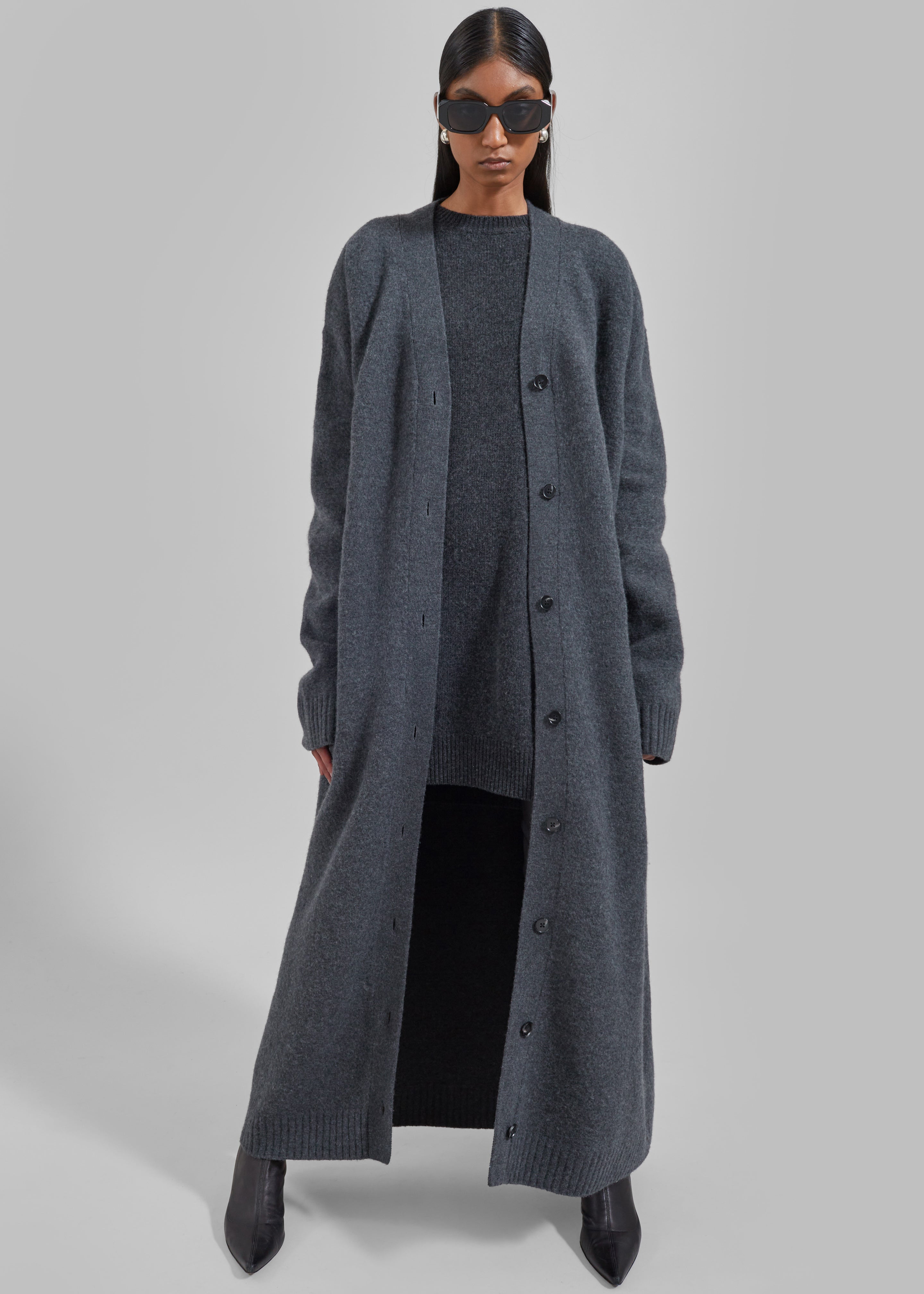 Emi Long Knit Cardigan - Dark Grey Melange - 1