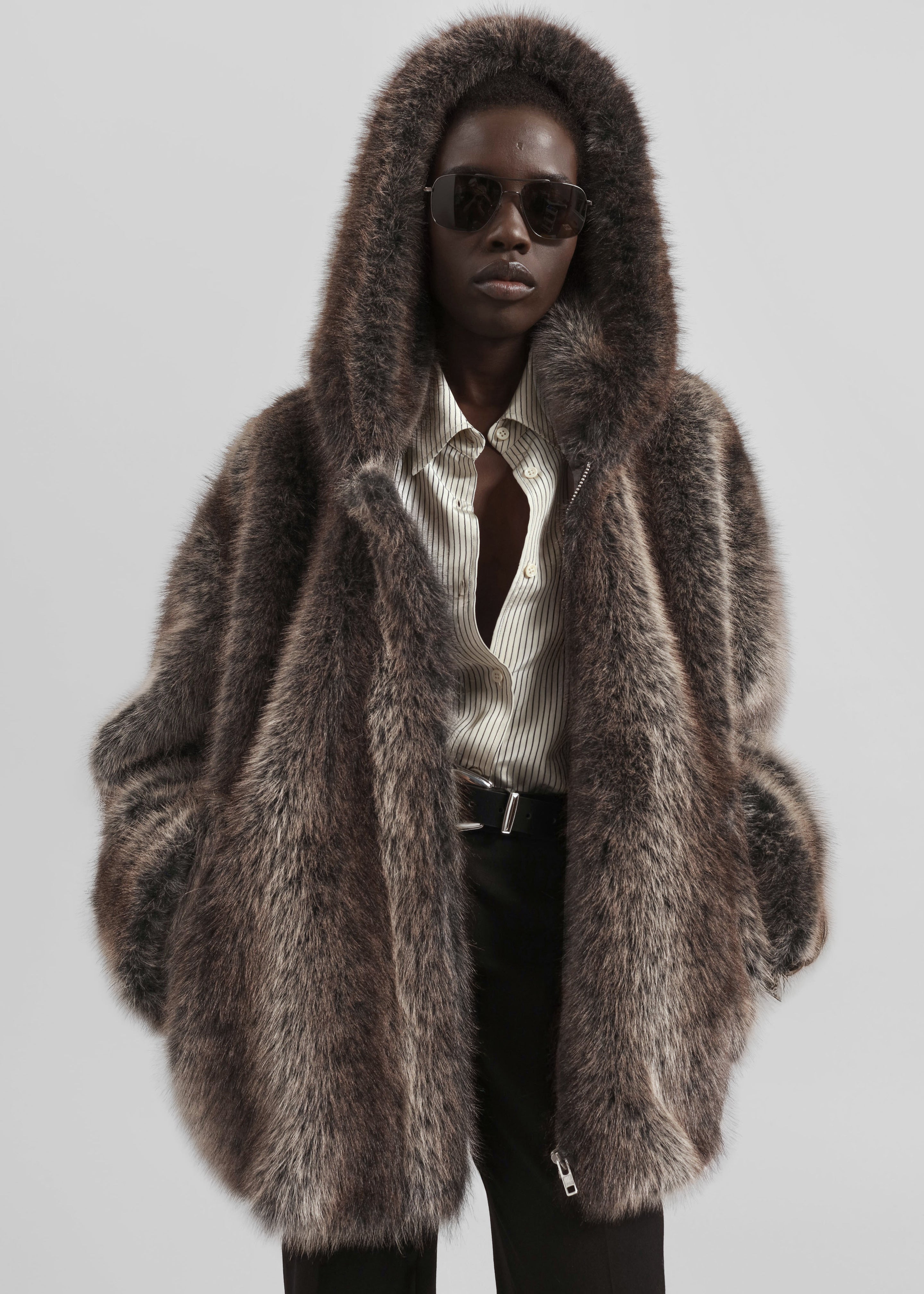 Emma Faux Fur Hooded Jacket - Brown Melange – The Frankie Shop