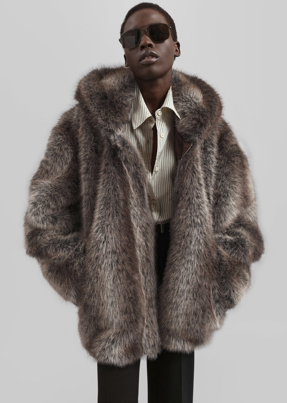 Emma Faux Fur Hooded Jacket - Brown Melange - 1