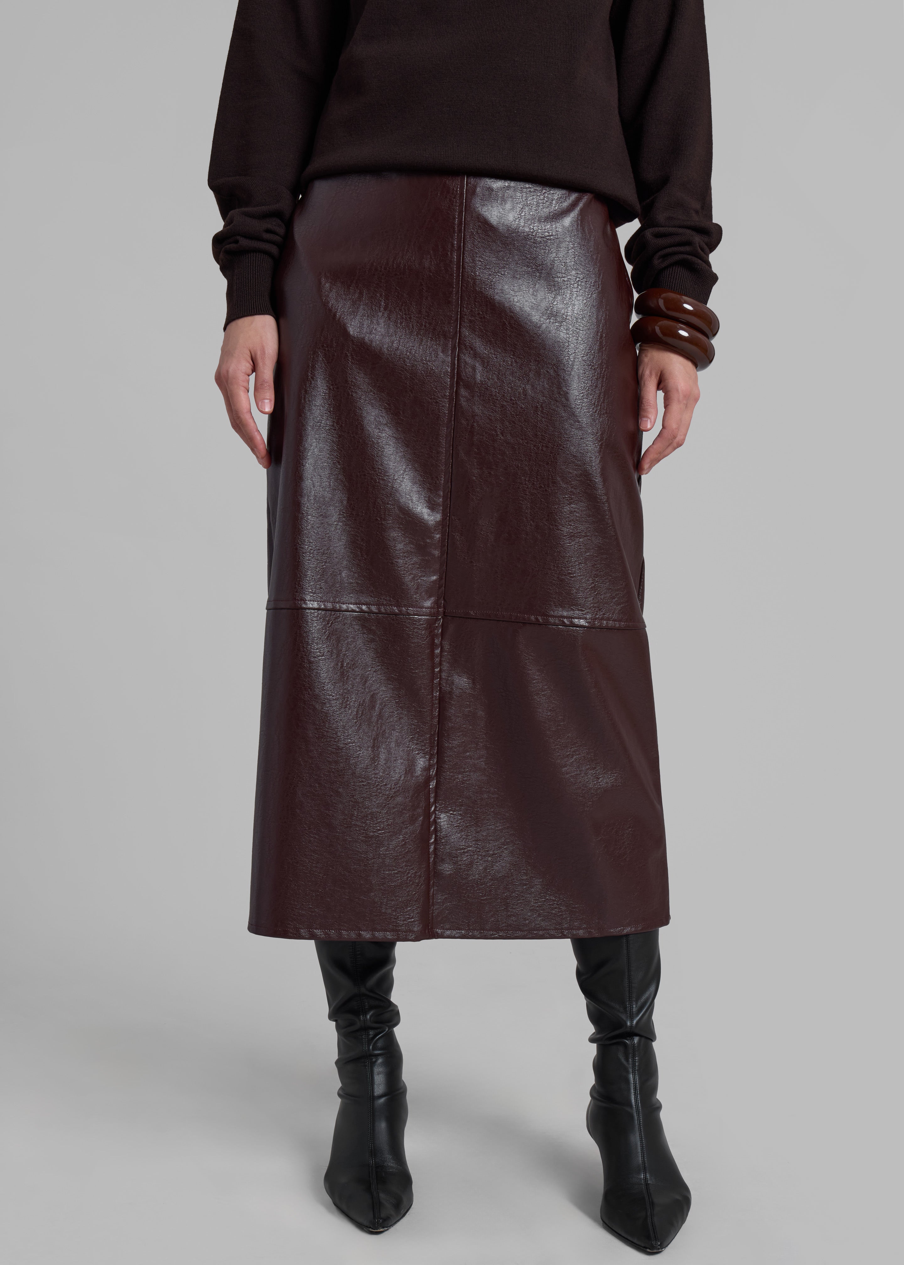 Erminie Midi Faux Leather Skirt - Brown - 4