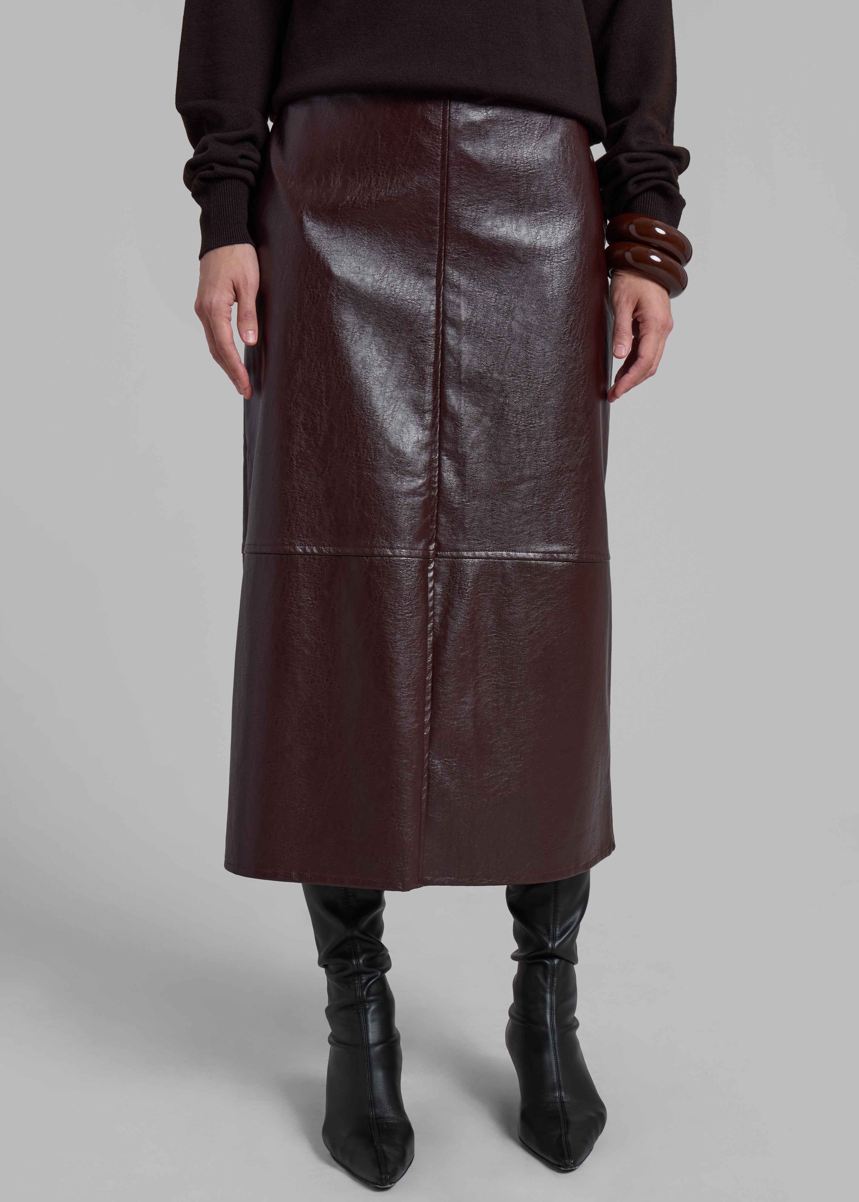 Erminie Midi Faux Leather Skirt - Brown - 1