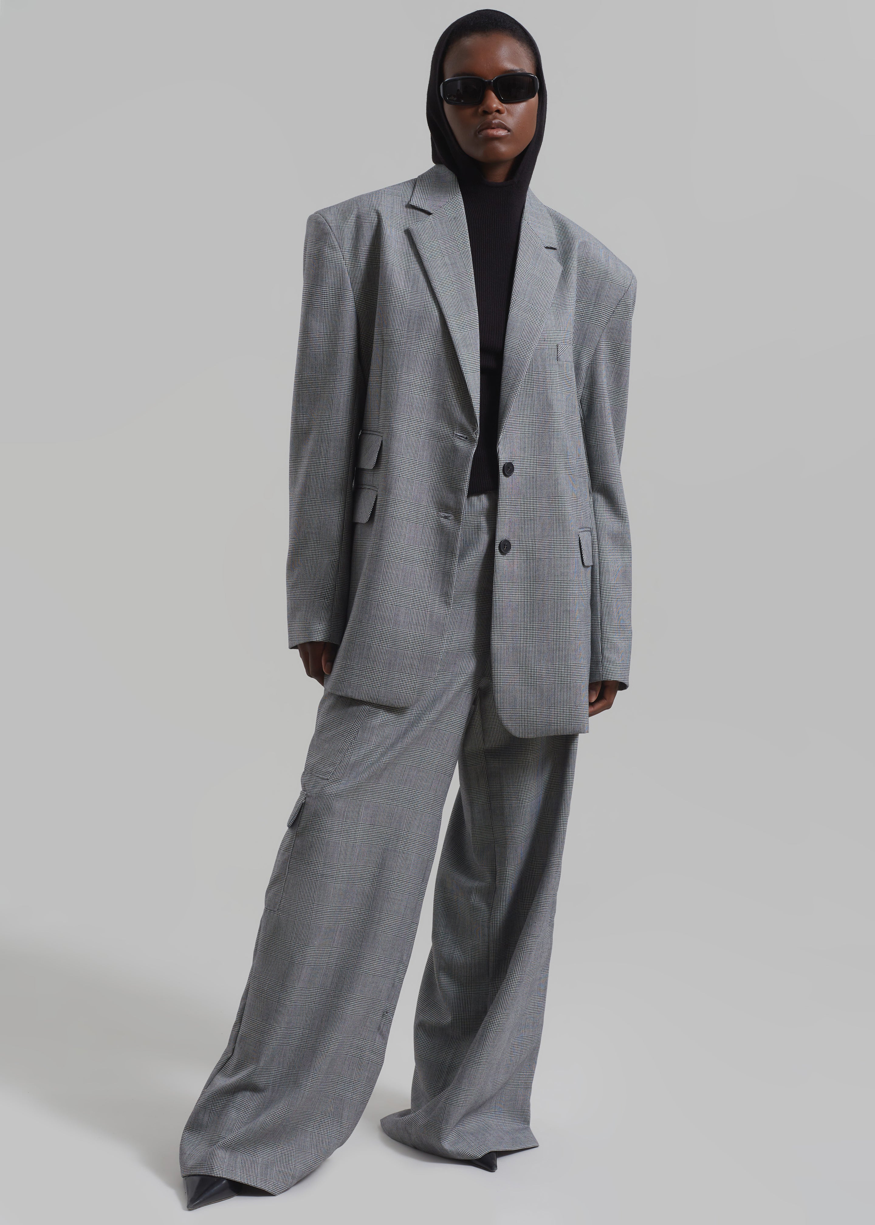 Essie Oversized Wool Blazer - Light Grey Plaid - 3