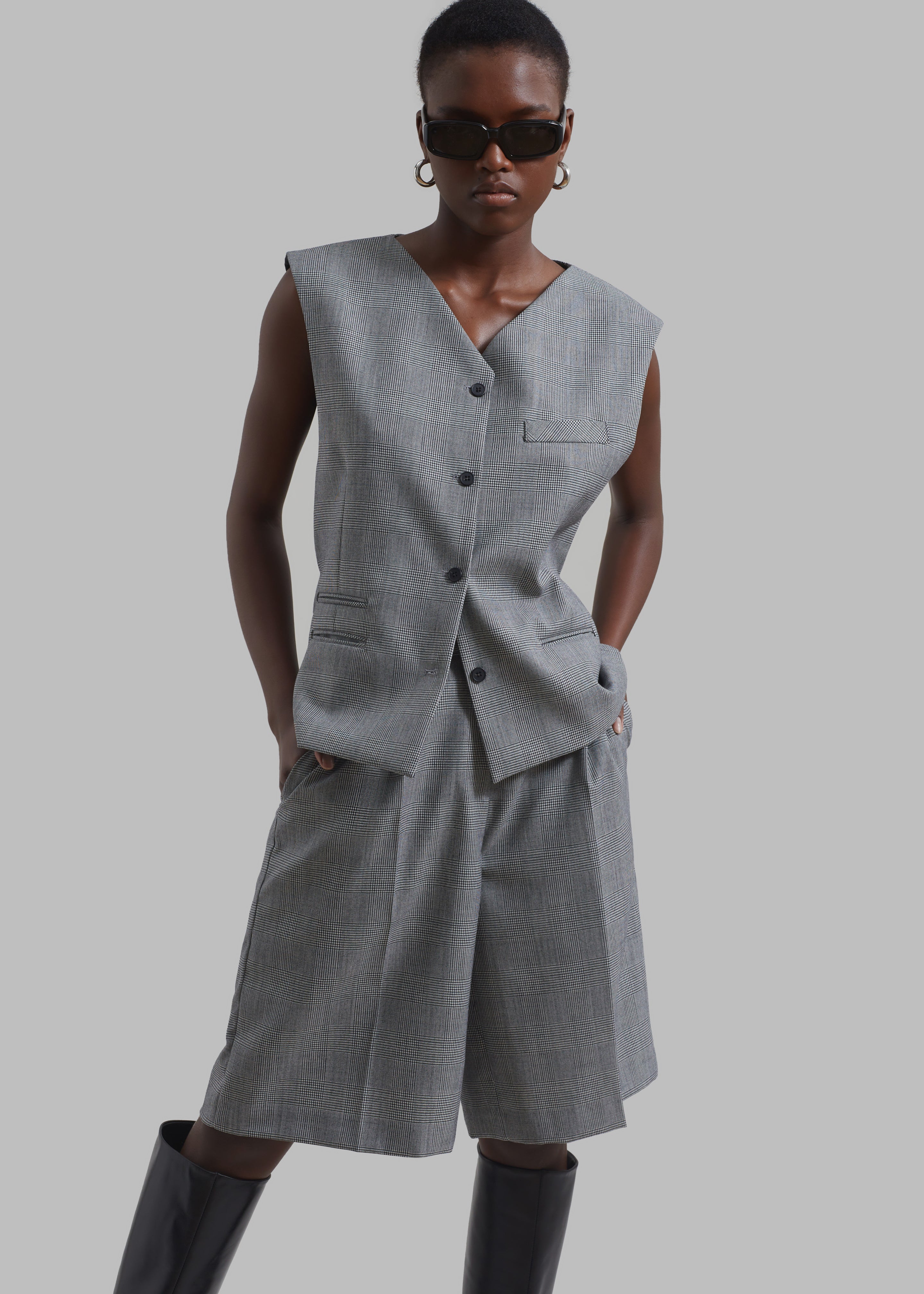 Essie Wool Bermuda Shorts - Light Grey Plaid - 1