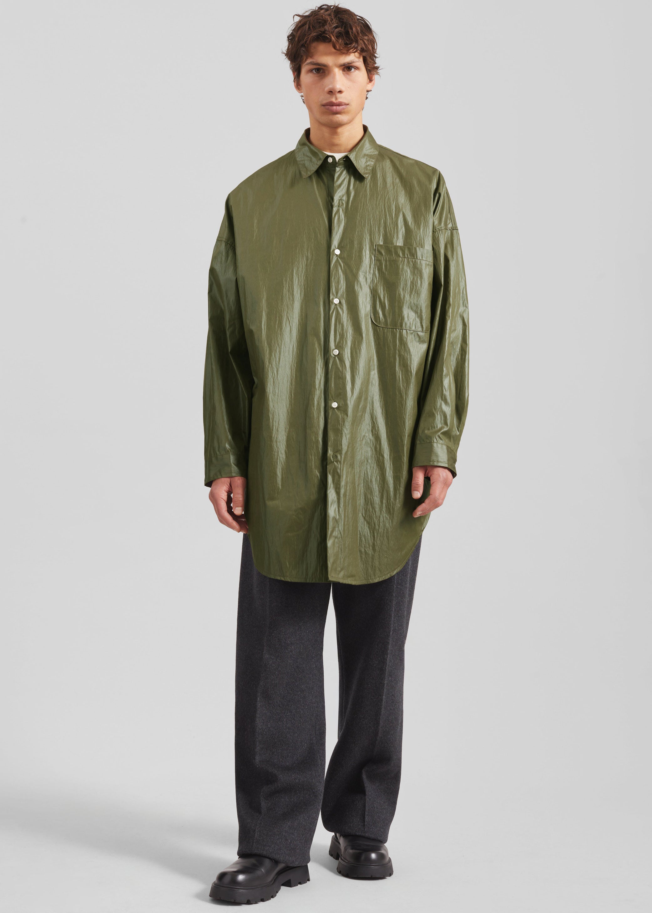 Shop the look image for Etah Lustrous Oversized Shirt - Olive