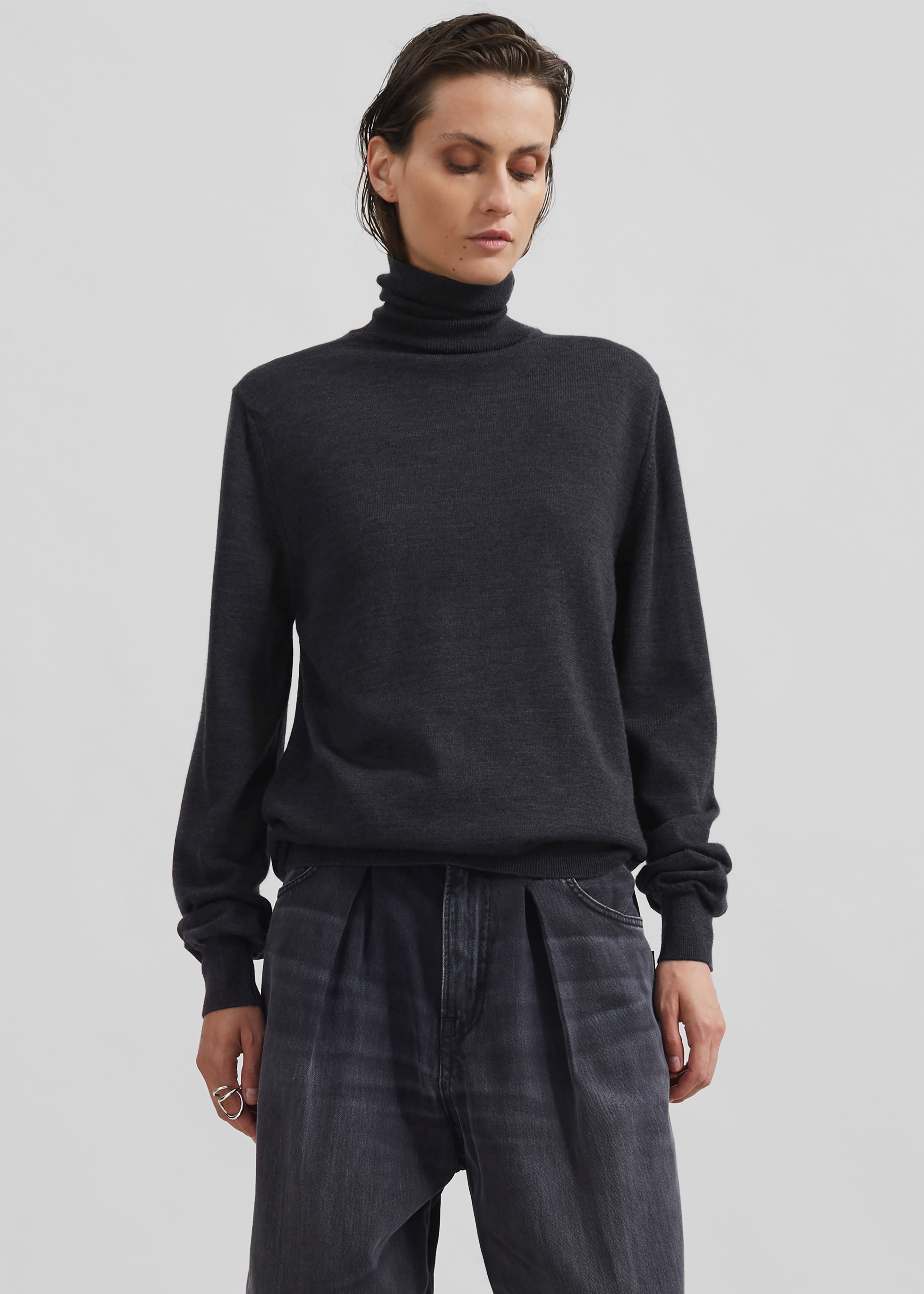 Eve Thin Turtleneck Sweater - Dark Grey Melange - 6