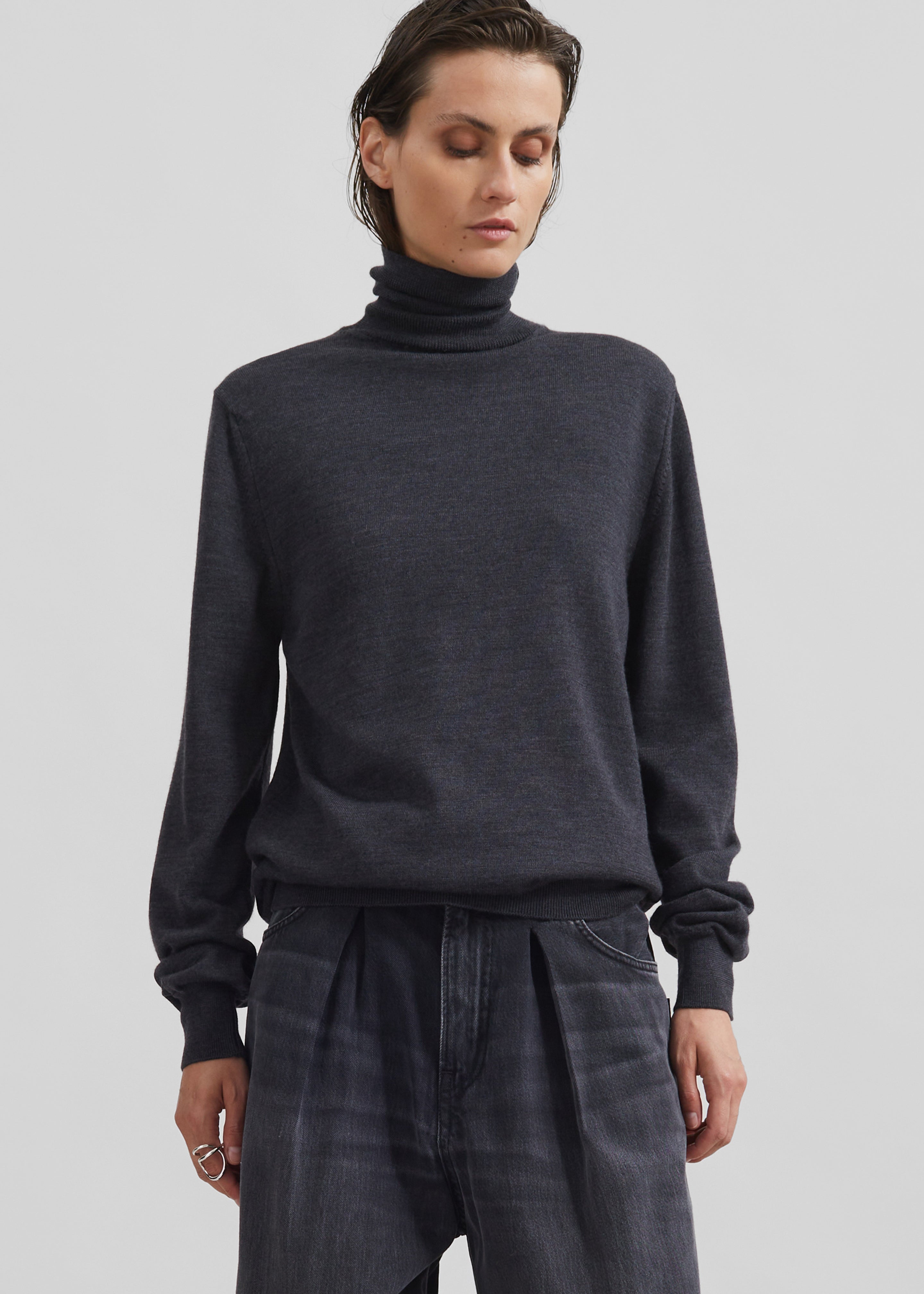 Eve Thin Turtleneck Sweater - Dark Grey Melange - 6