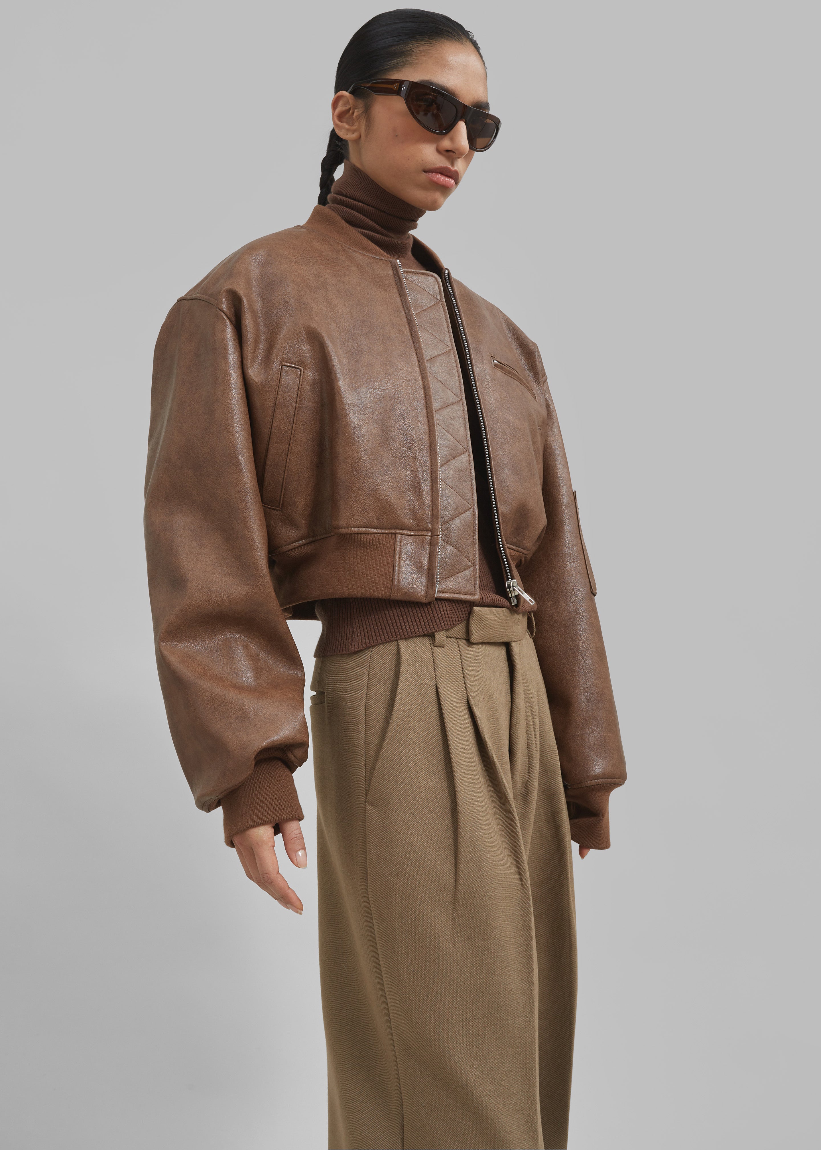 Gae Faux Leather Cropped Bomber - Brown - 15