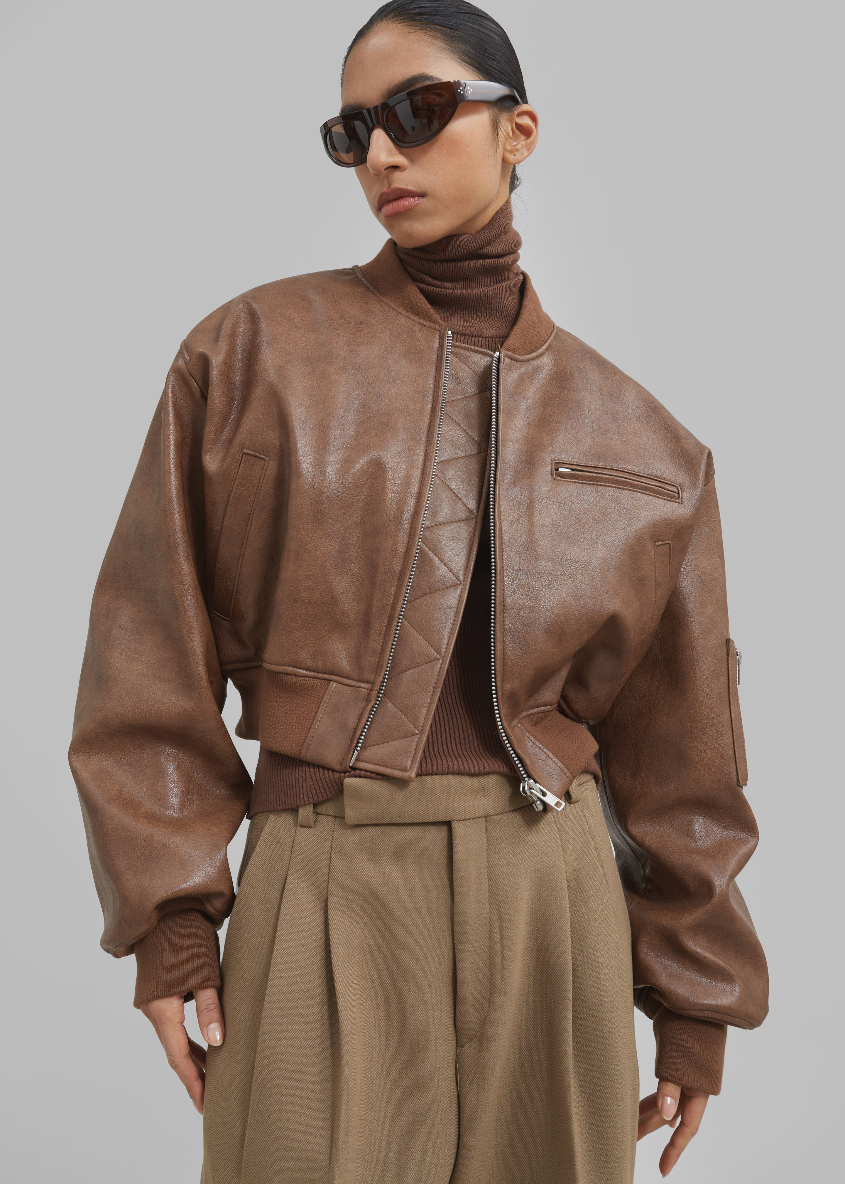 Gae Faux Leather Cropped Bomber - Brown - 13