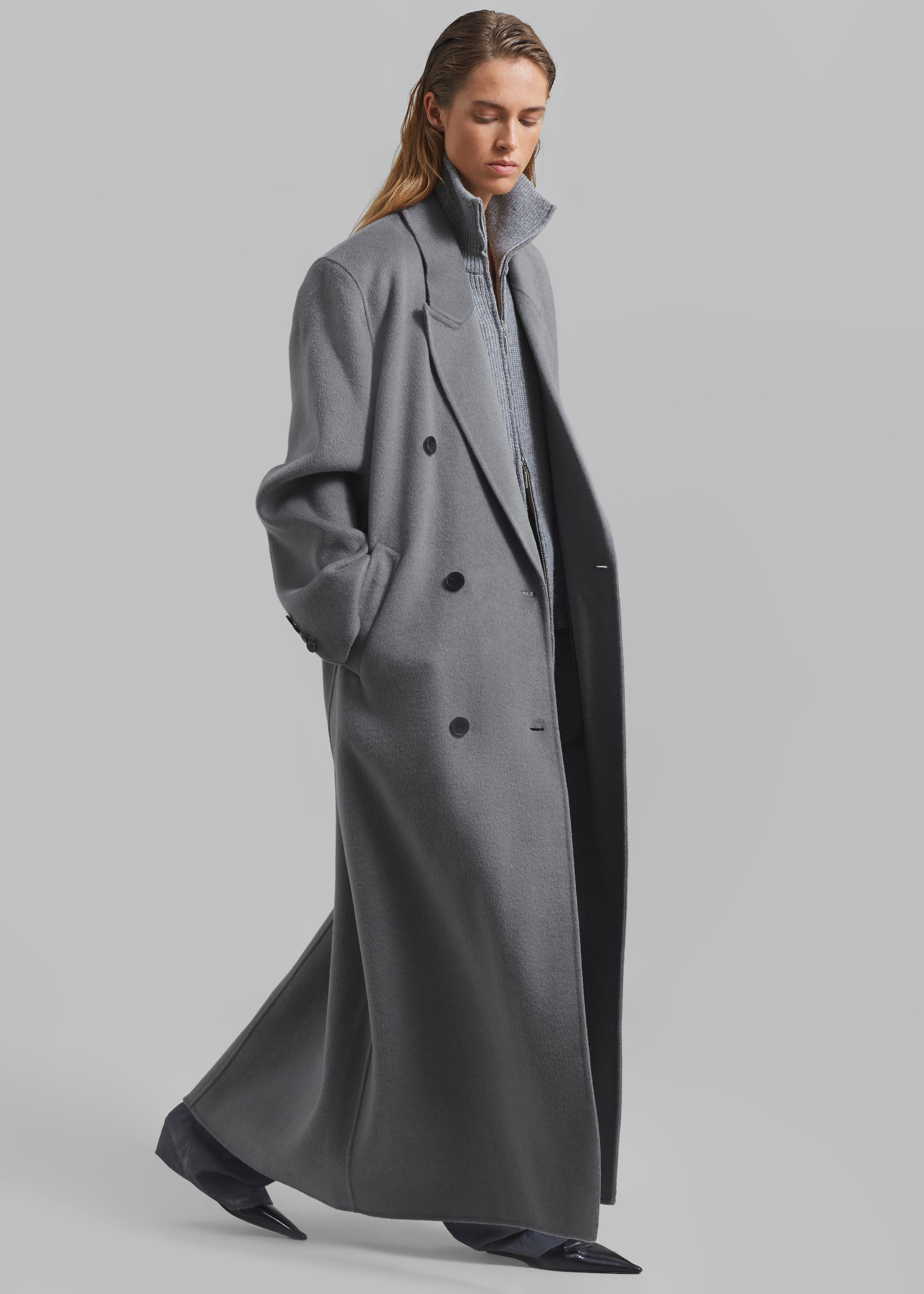 Grey wool store double breasted coat