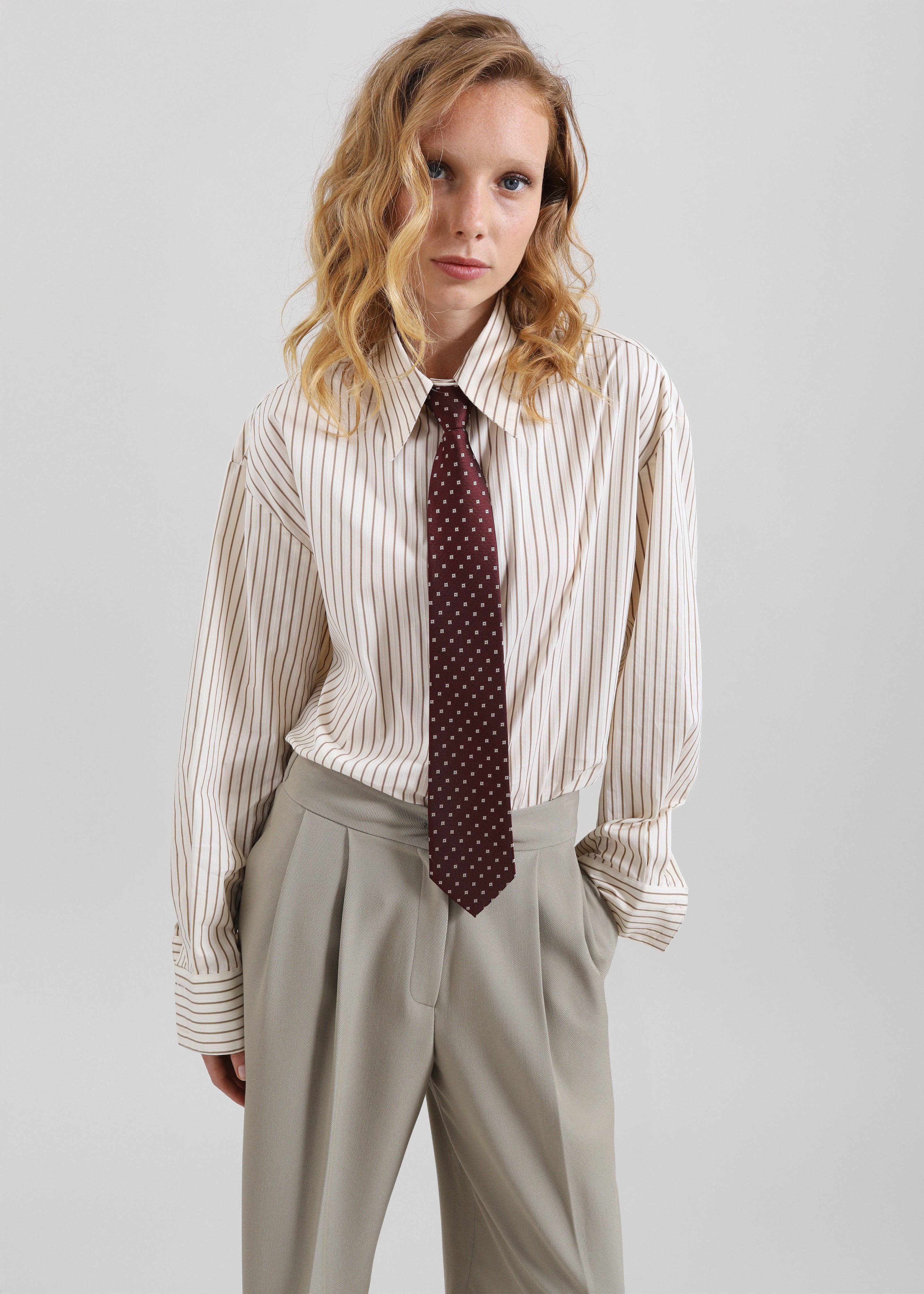 Gainsford Neck Tie Shirt - Beige/Brown Stripe - 6