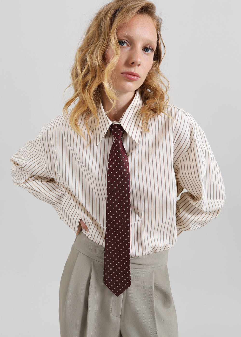 Gainsford Neck Tie Shirt - Beige/Brown Stripe - 1