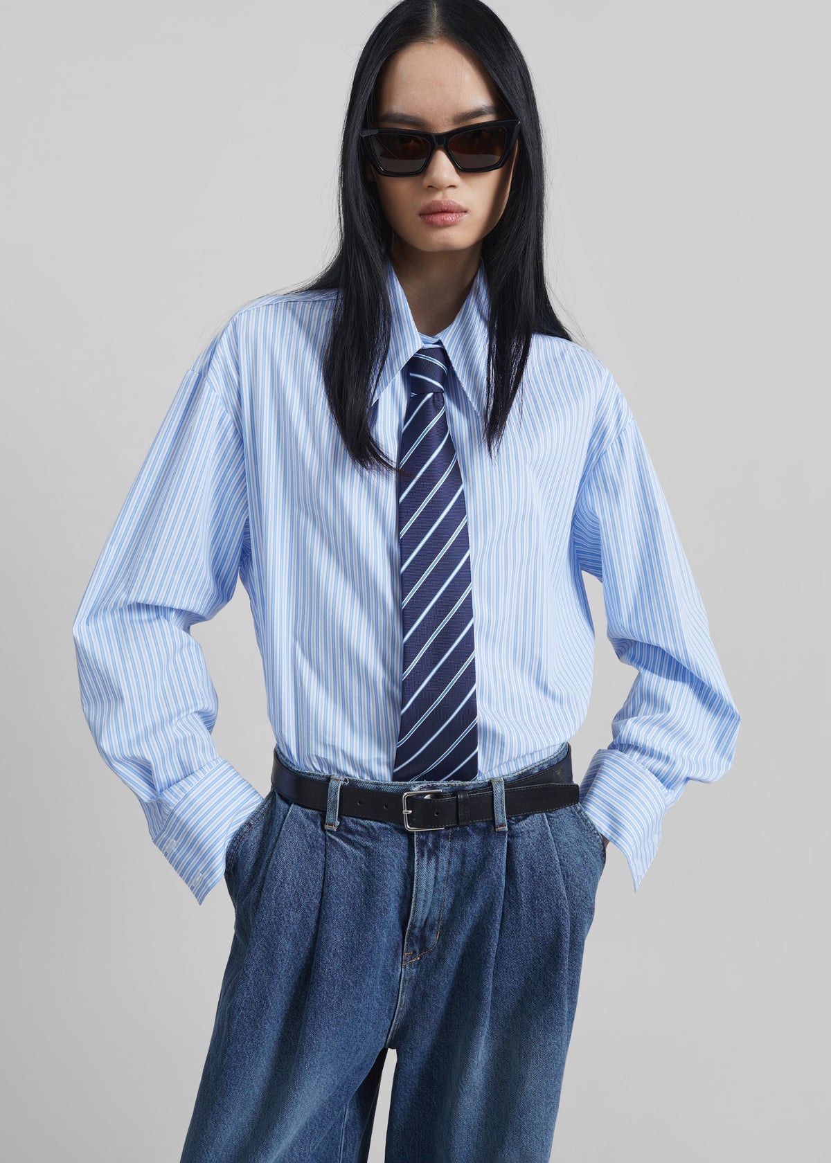 blue and white striped dress shirt with tie Women's Blue Pinstripe Tie Detail Button Down Shirt Dress