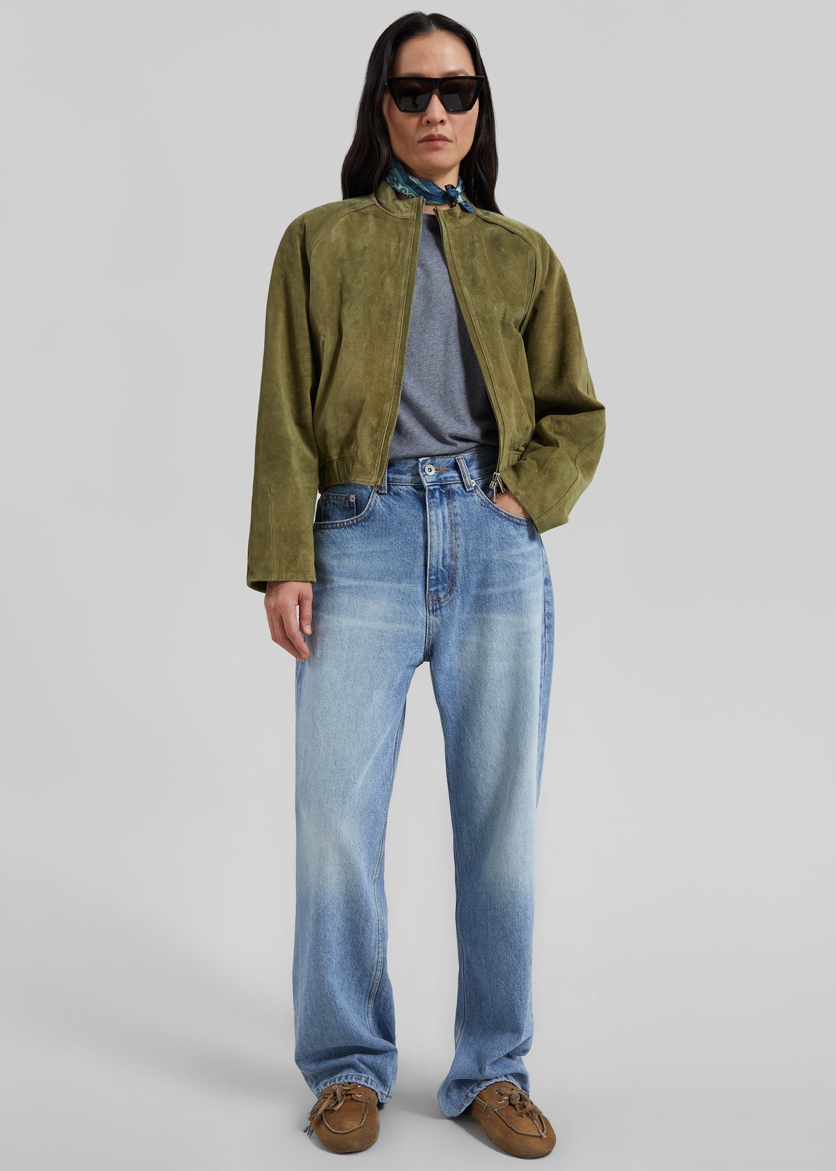 Shop the look image for Galena Suede Bomber Jacket - Olive
