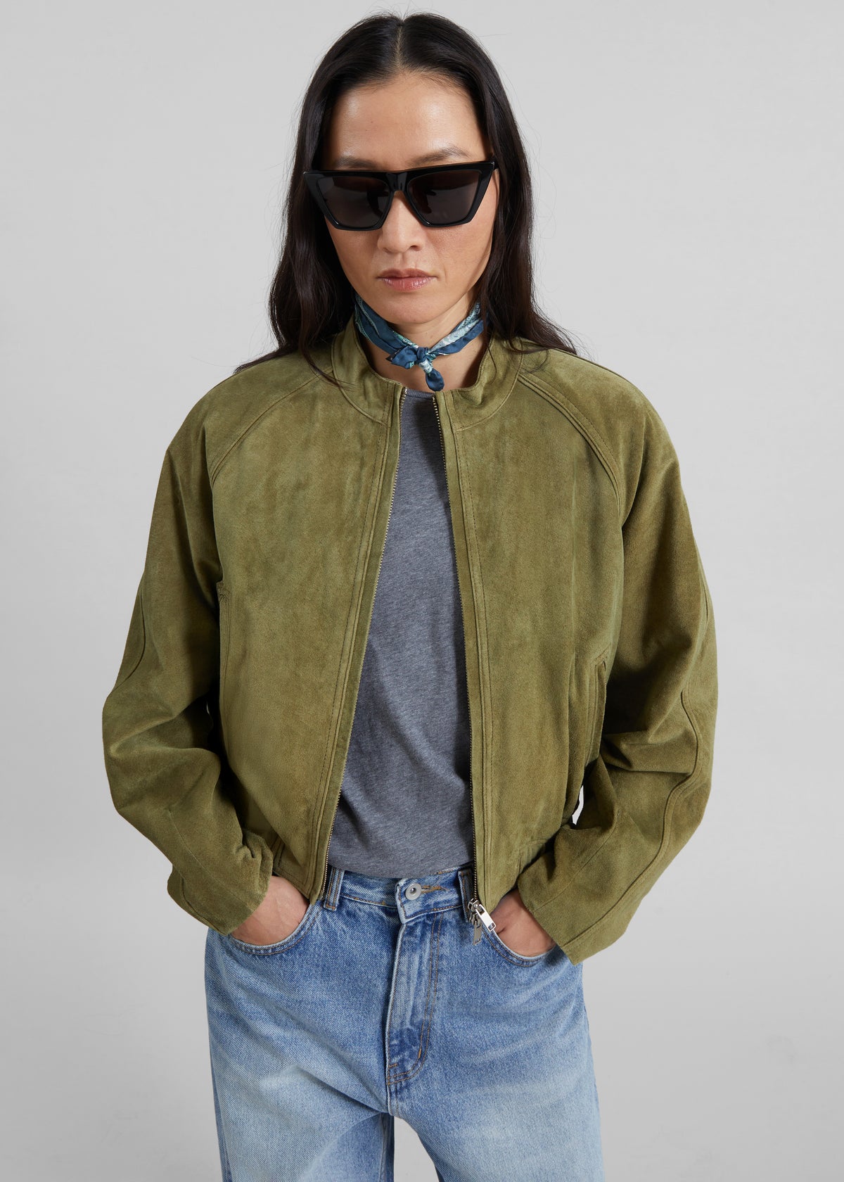 Galena Suede Bomber Jacket - Olive