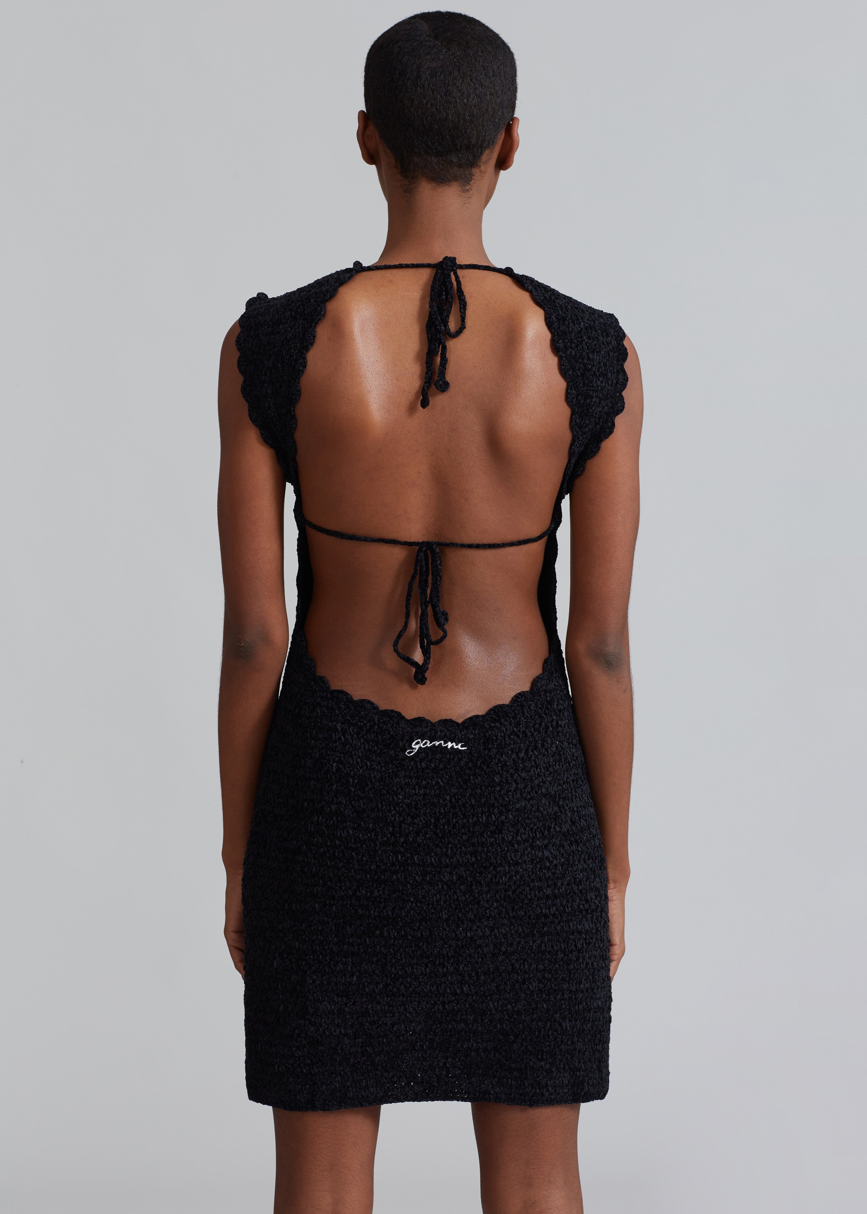GANNI Velvet Crochet Open Back Mini Dress - Black - 5