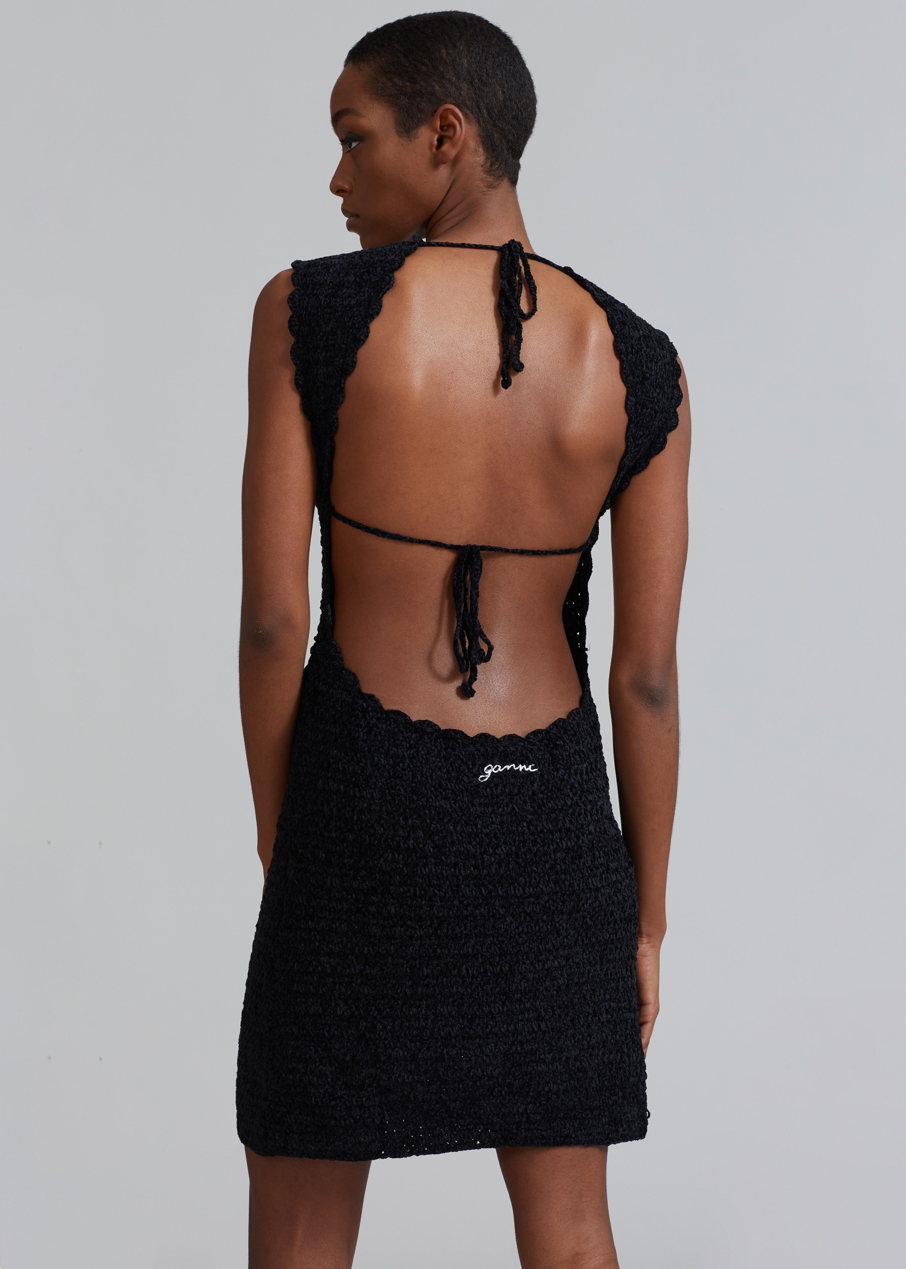 GANNI Velvet Crochet Open Back Mini Dress - Black - 1