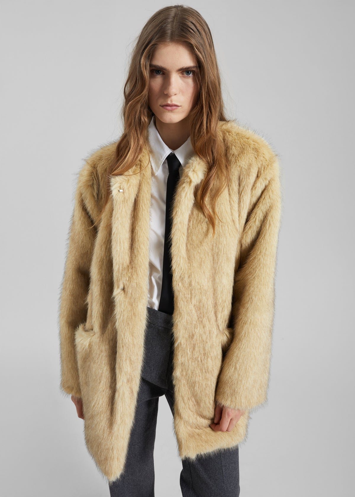 Gemona Faux Fur Collarless Coat - Beige - 4