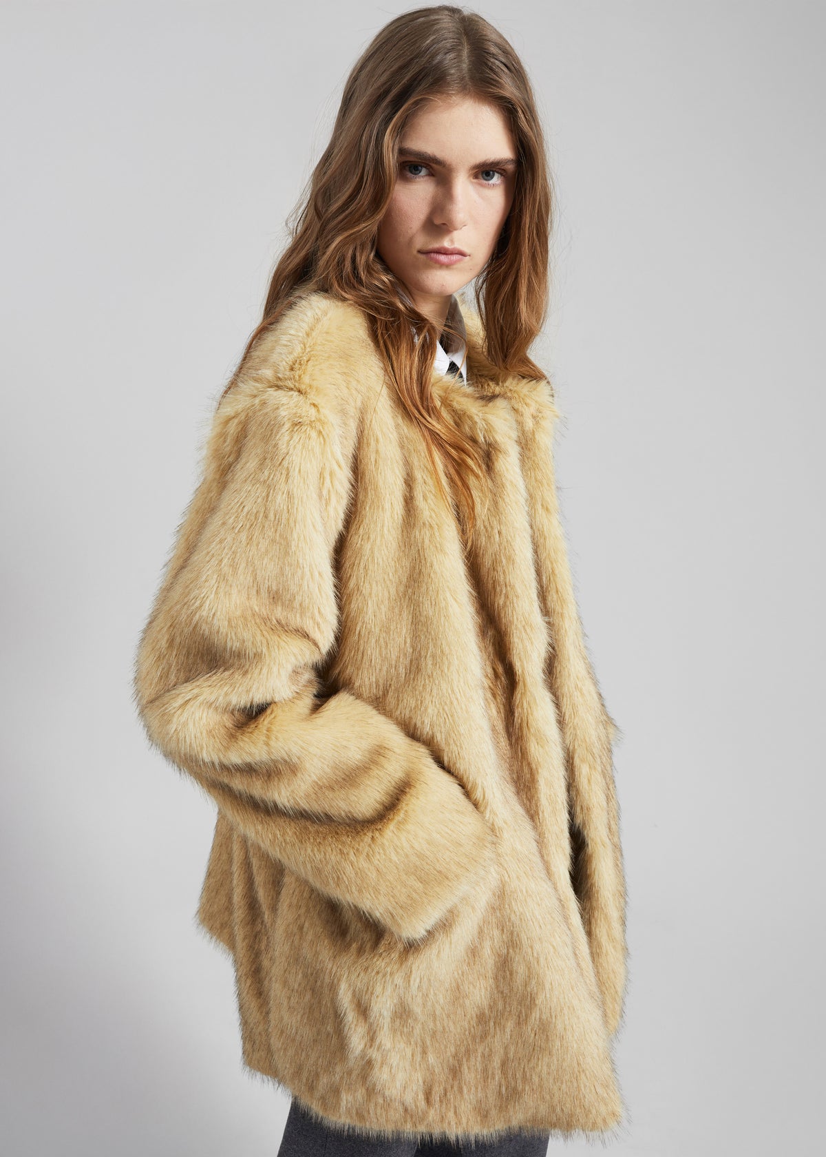 Gemona Faux Fur Collarless Coat - Beige - 7