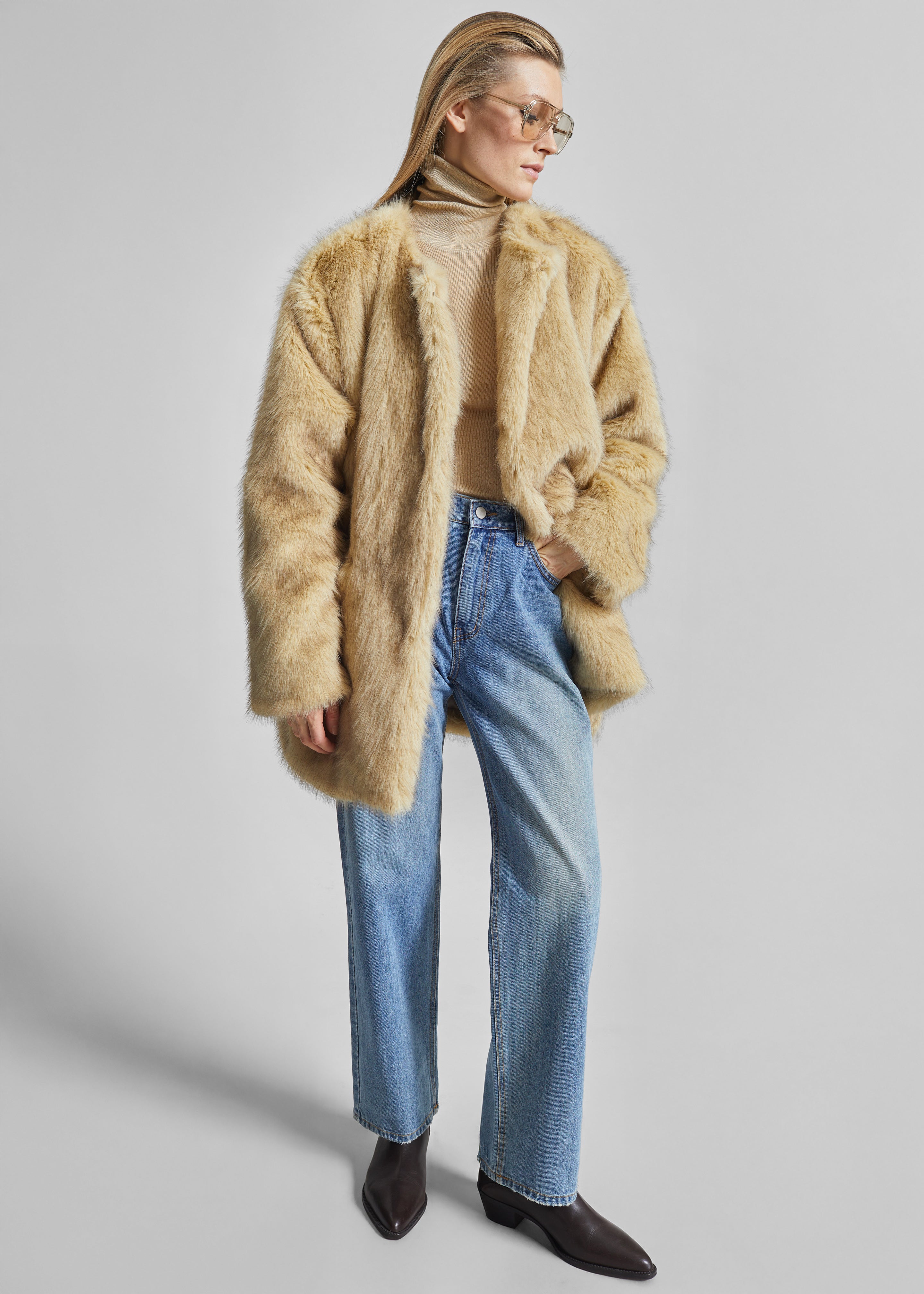 Gemona Faux Fur Collarless Coat - Beige - 1