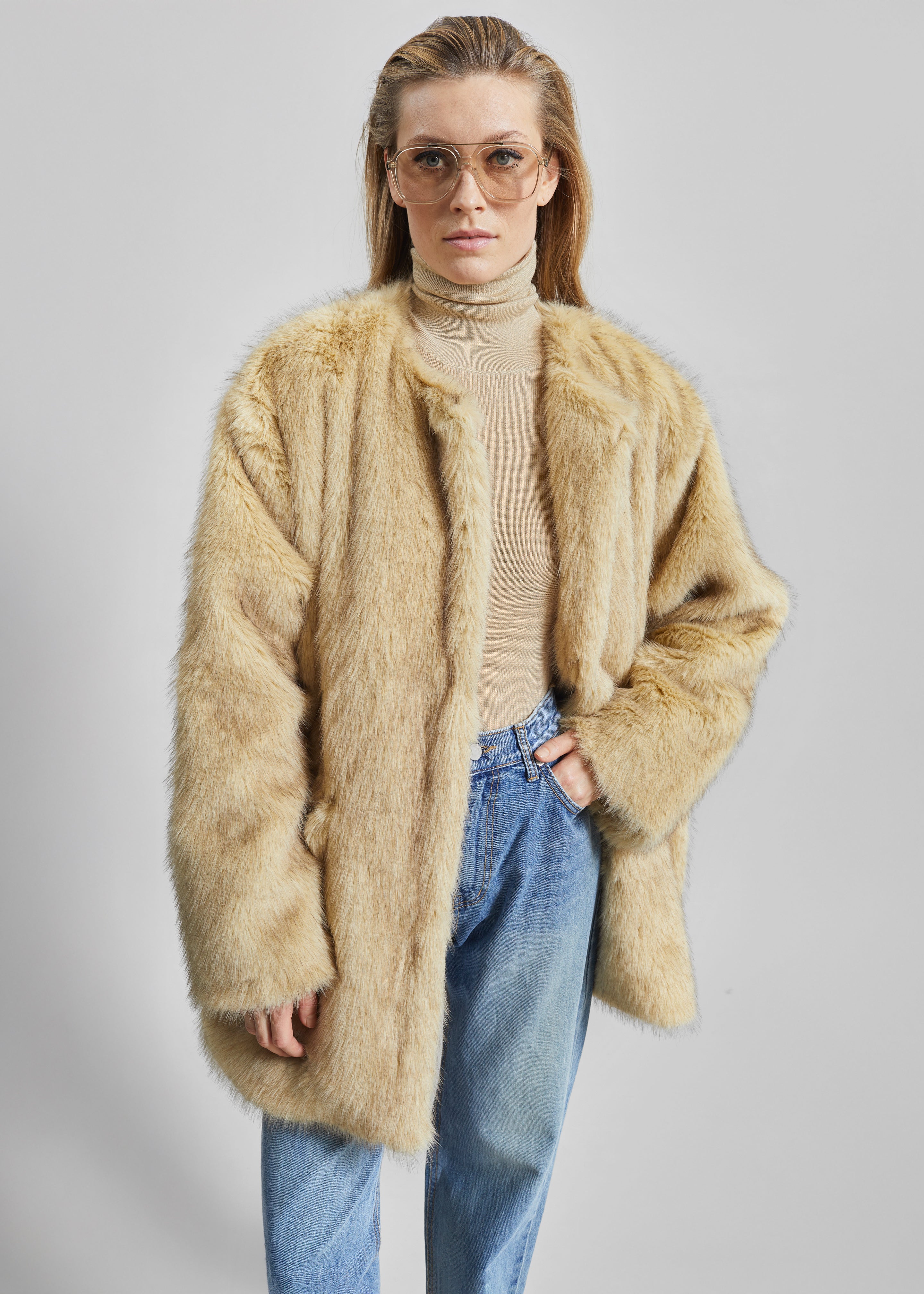 Gemona Faux Fur Collarless Coat - Beige - 6