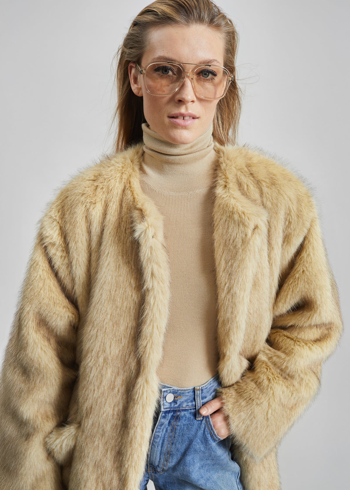 Gemona Faux Fur Collarless Coat - Beige - 2
