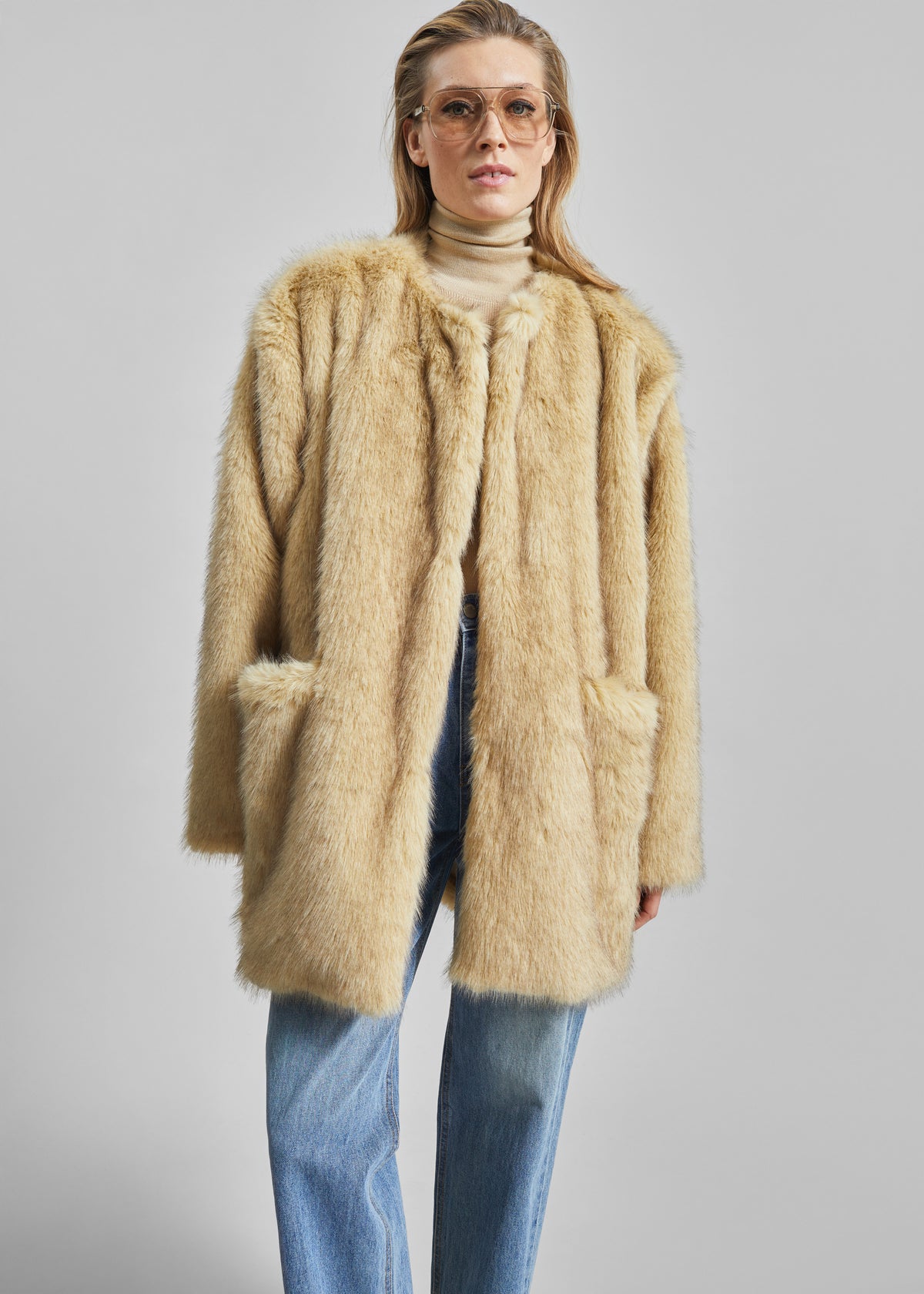 Gemona Faux Fur Collarless Coat - Beige - 3
