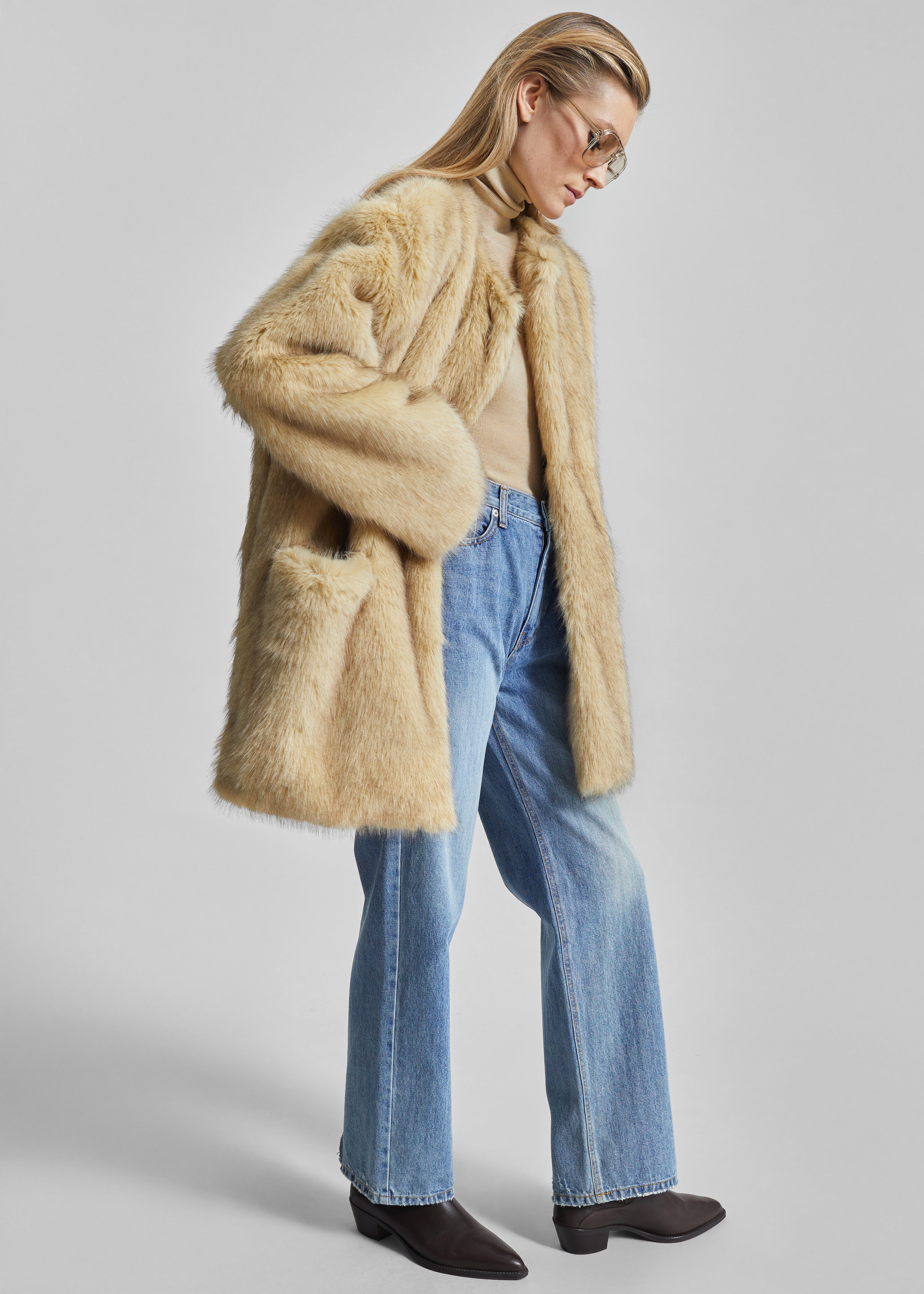 Gemona Faux Fur Collarless Coat - Beige - 5