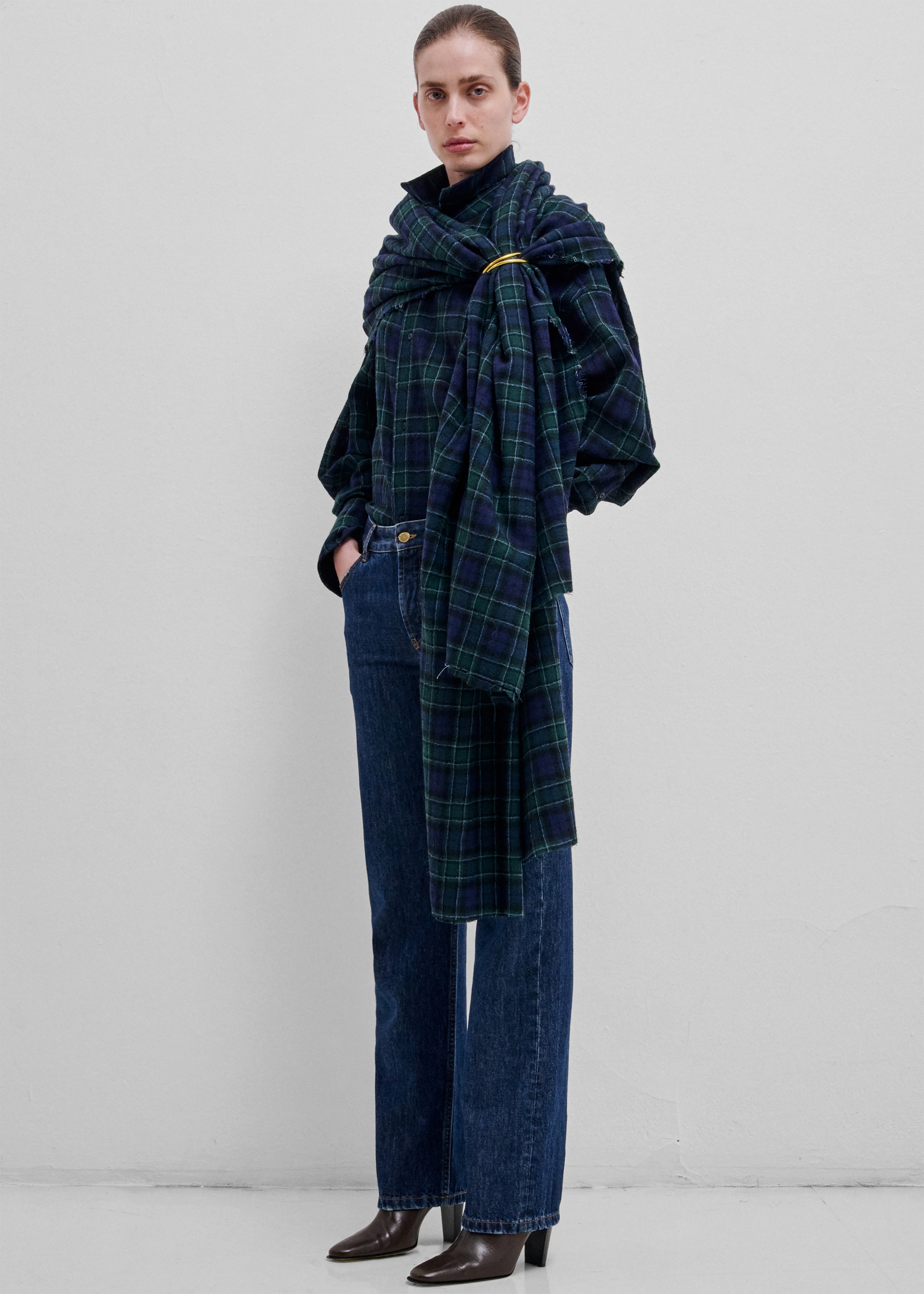 Darkpark Georgia Detachable Scarf Japanese Wool Shirt - Blue/Green/White - 4