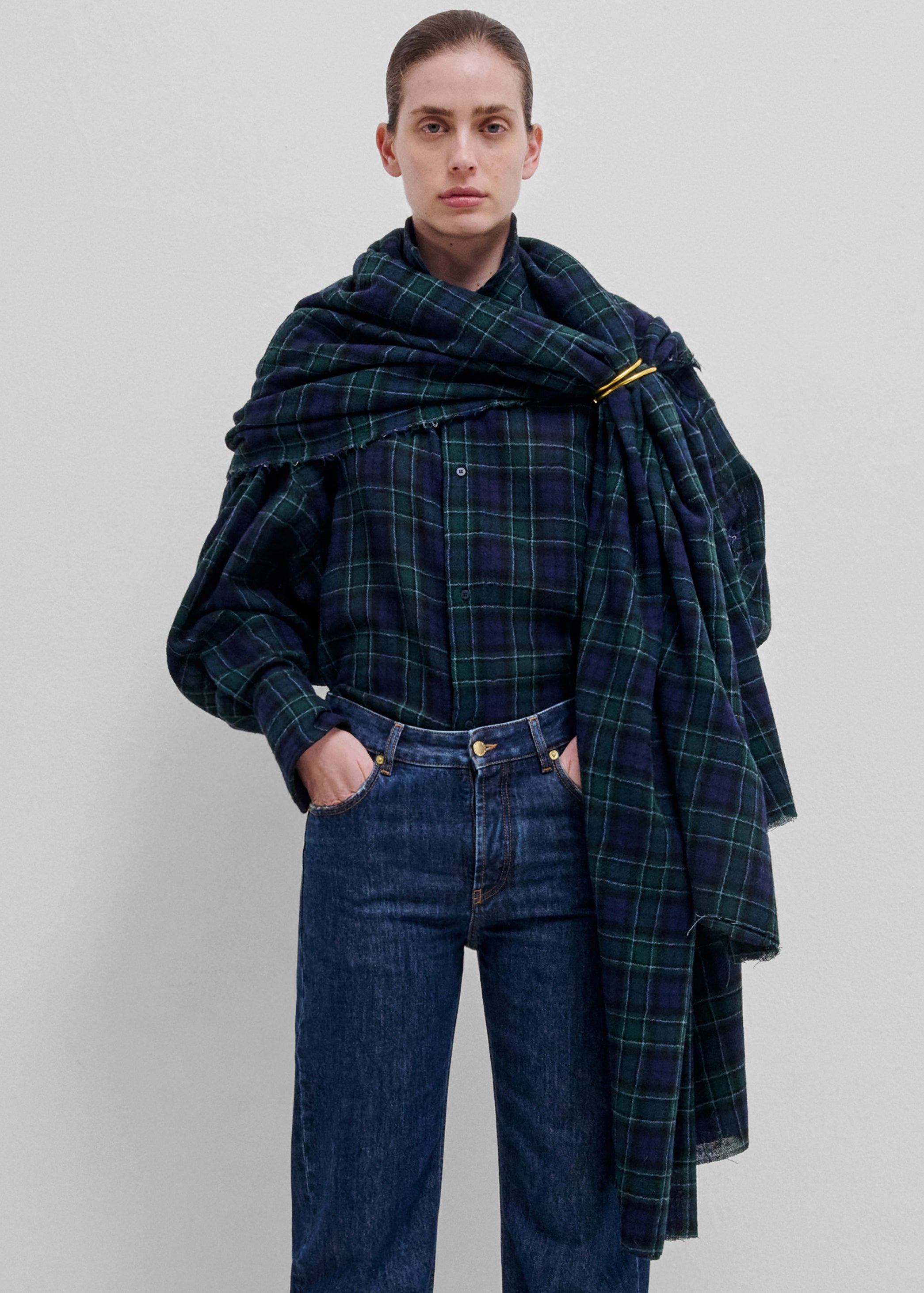 Darkpark Georgia Detachable Scarf Japanese Wool Shirt - Blue/Green/White - 2