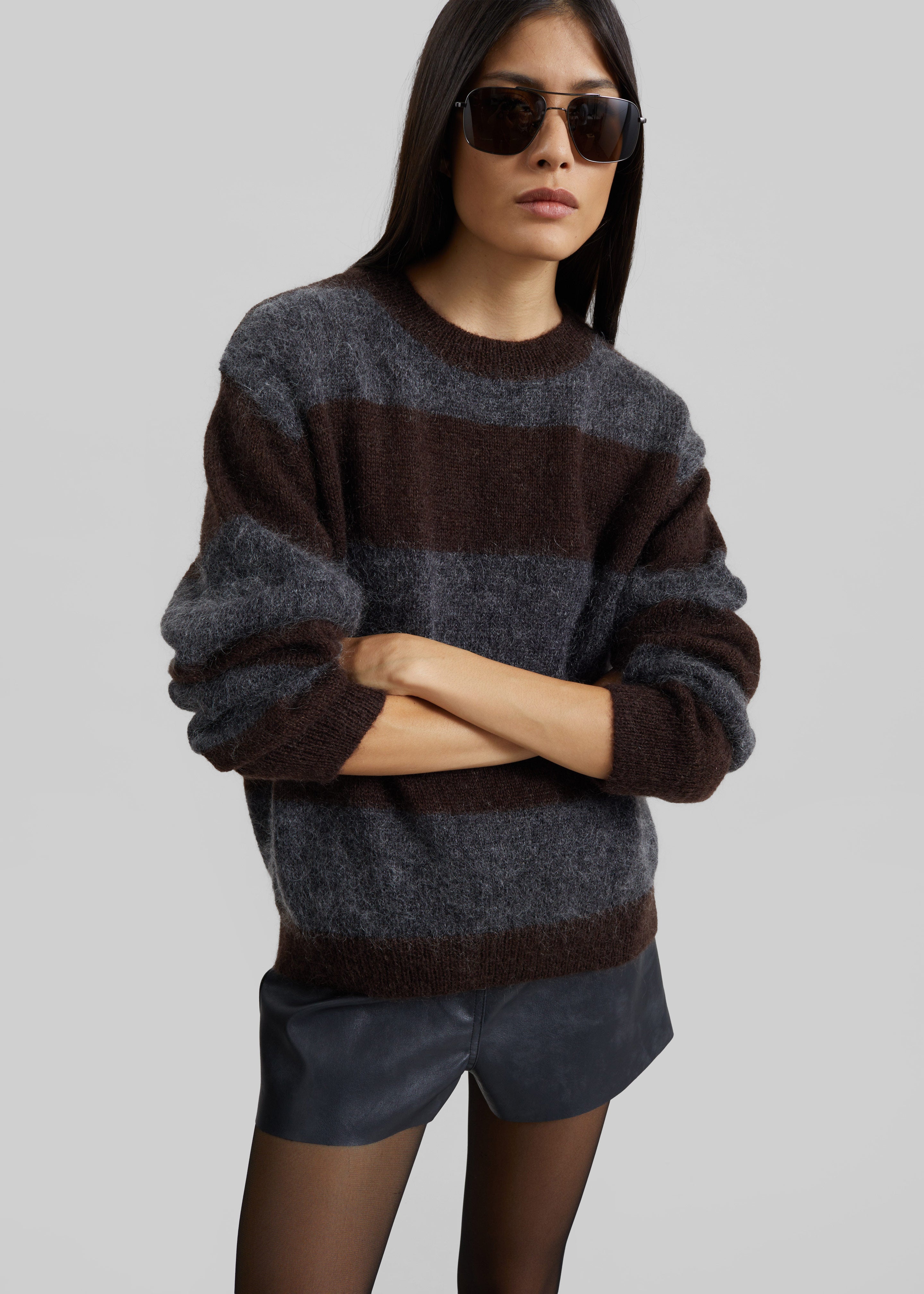 Gimel Mohair Sweater - Grey/Brown Stripe - 6