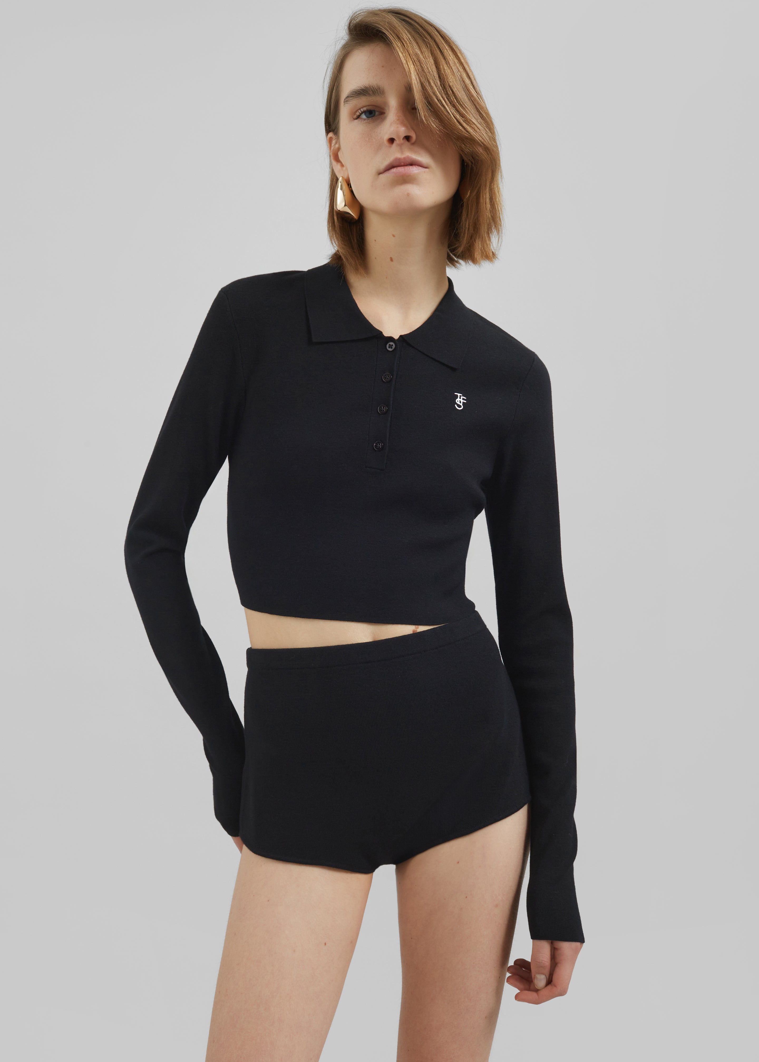 Giselle Cropped Knit Polo - Black - 5