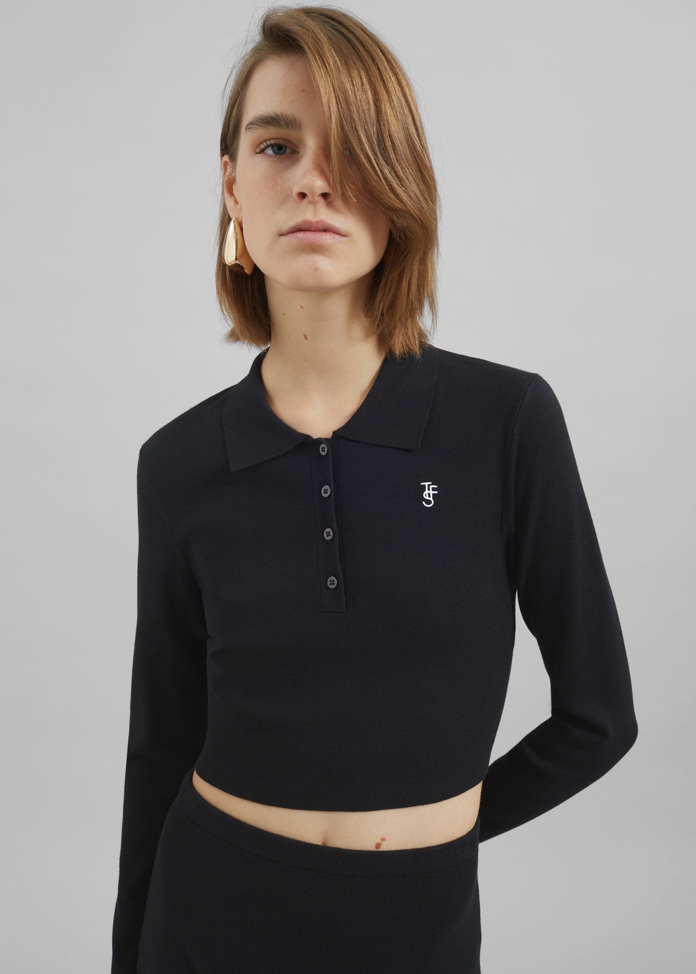 Giselle Cropped Knit Polo - Black - 1