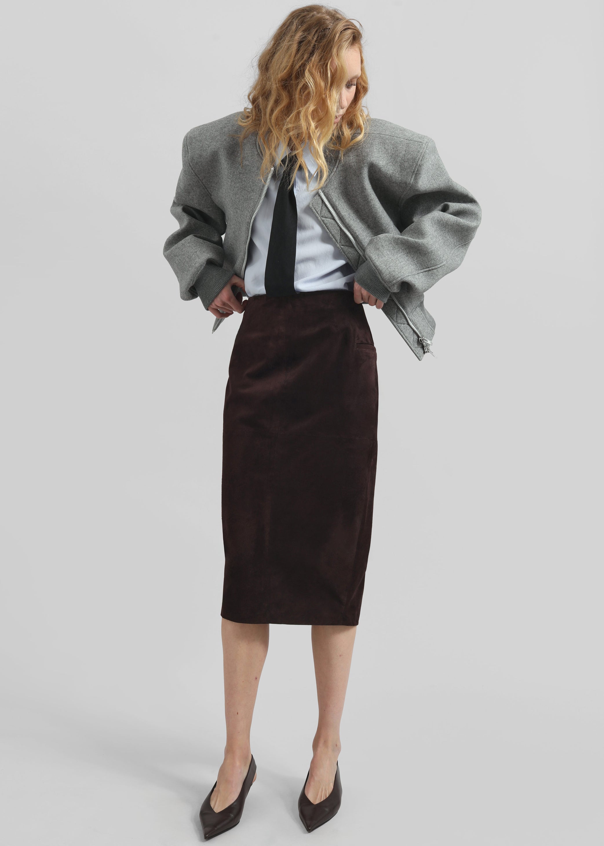 Shop the look image for Salnor Suede Midi Skirt - Dark Brown