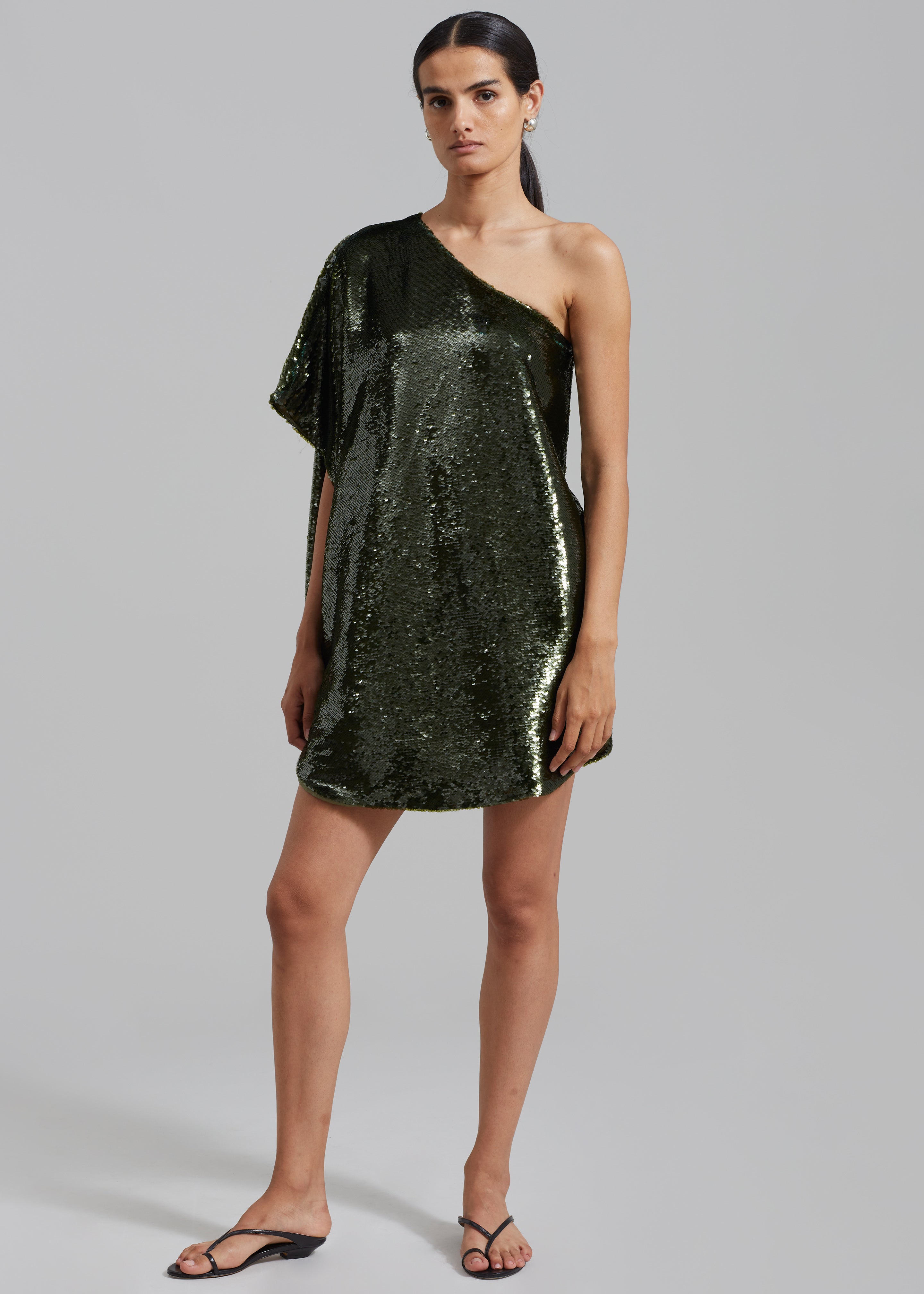 Gloria Sequins One Shoulder Dress - Olive