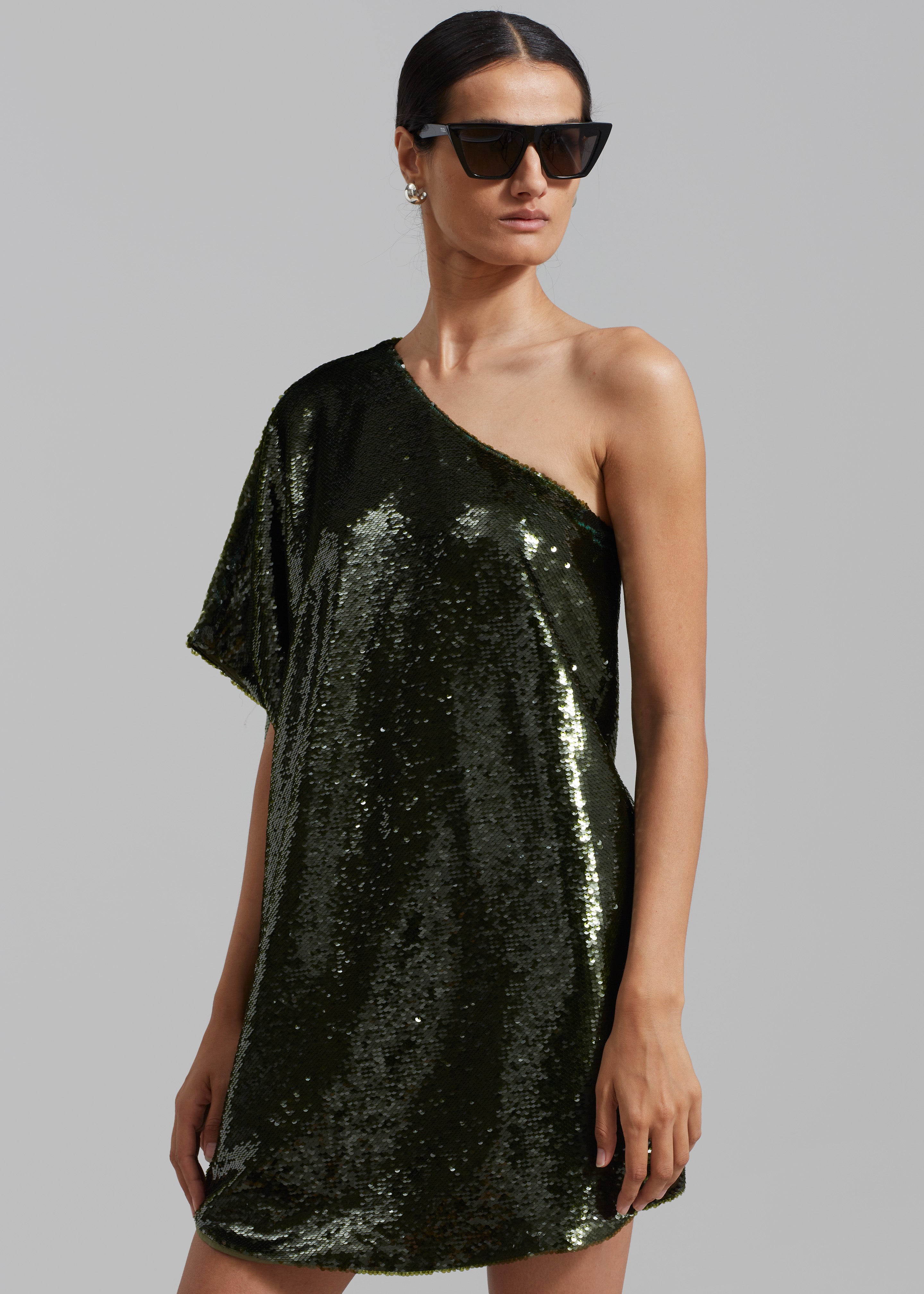 Gloria Sequins One Shoulder Dress - Olive - 1