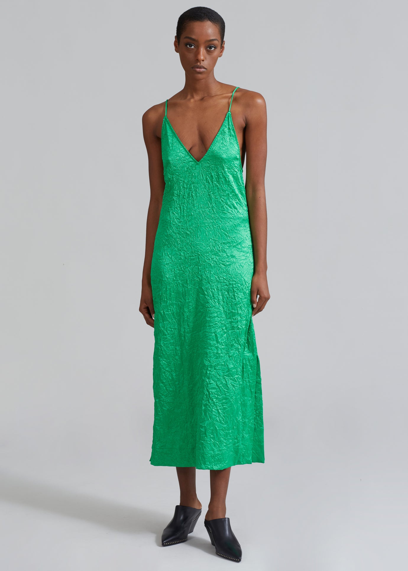 GANNI Crinkled Satin Slip Dress - Bright Green