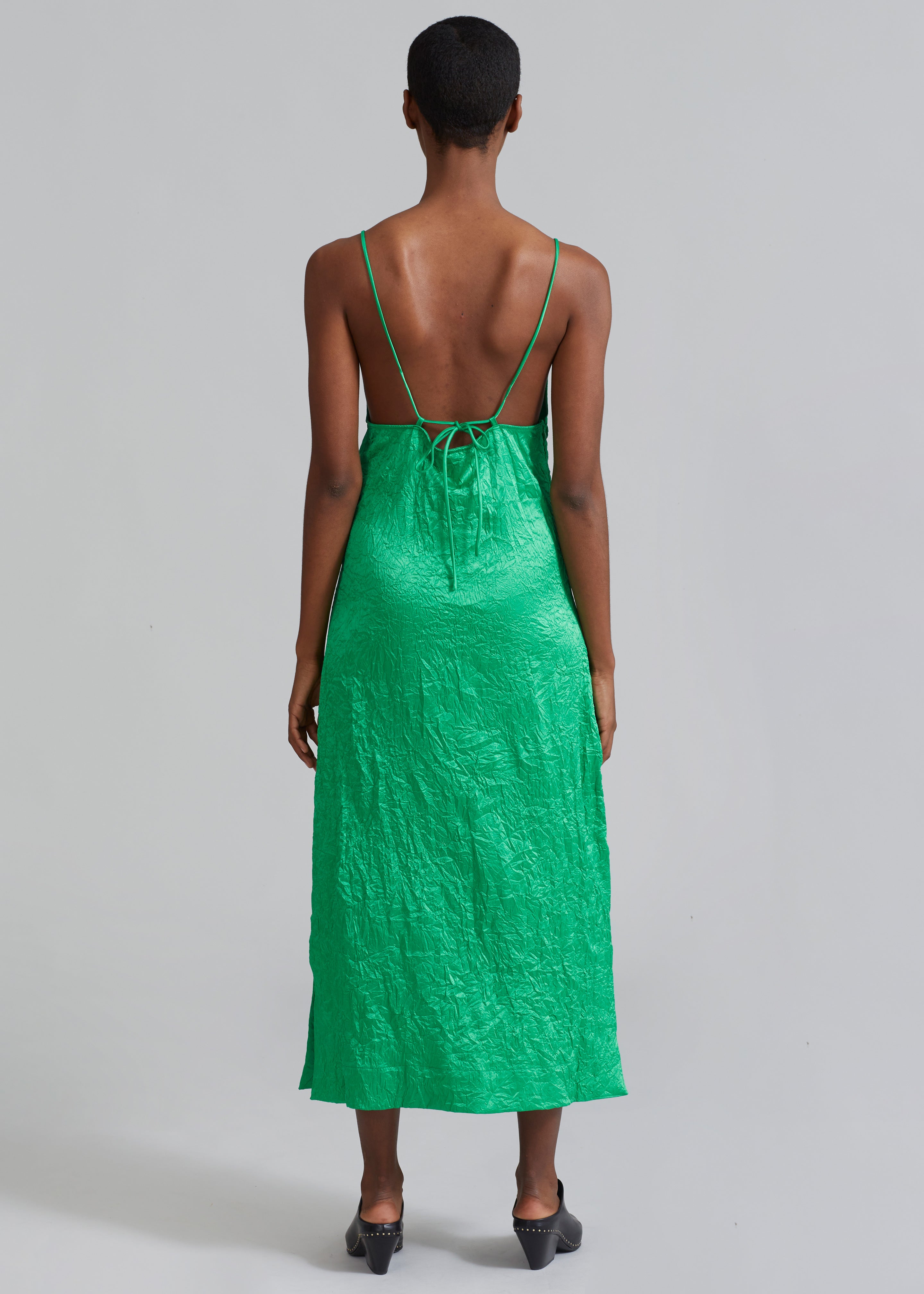 GANNI Crinkled Satin Slip Dress - Bright Green - 4