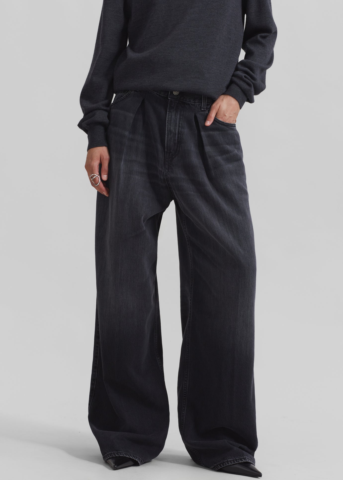 Haikure Candy Pleated Wide Leg Jeans - Black Tencel - 1