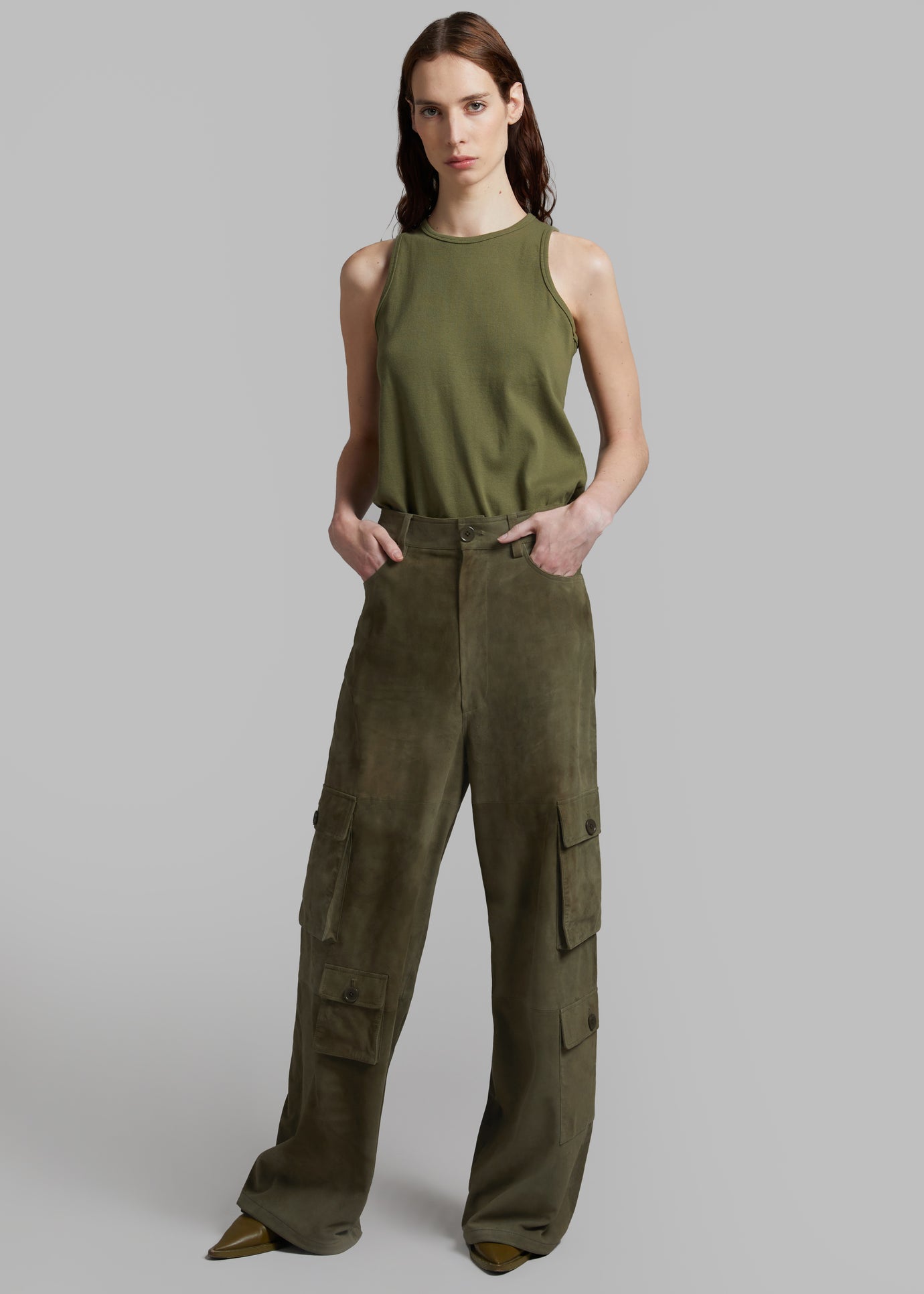 Hailey Suede Oversized Cargo Pants - Olive - 1
