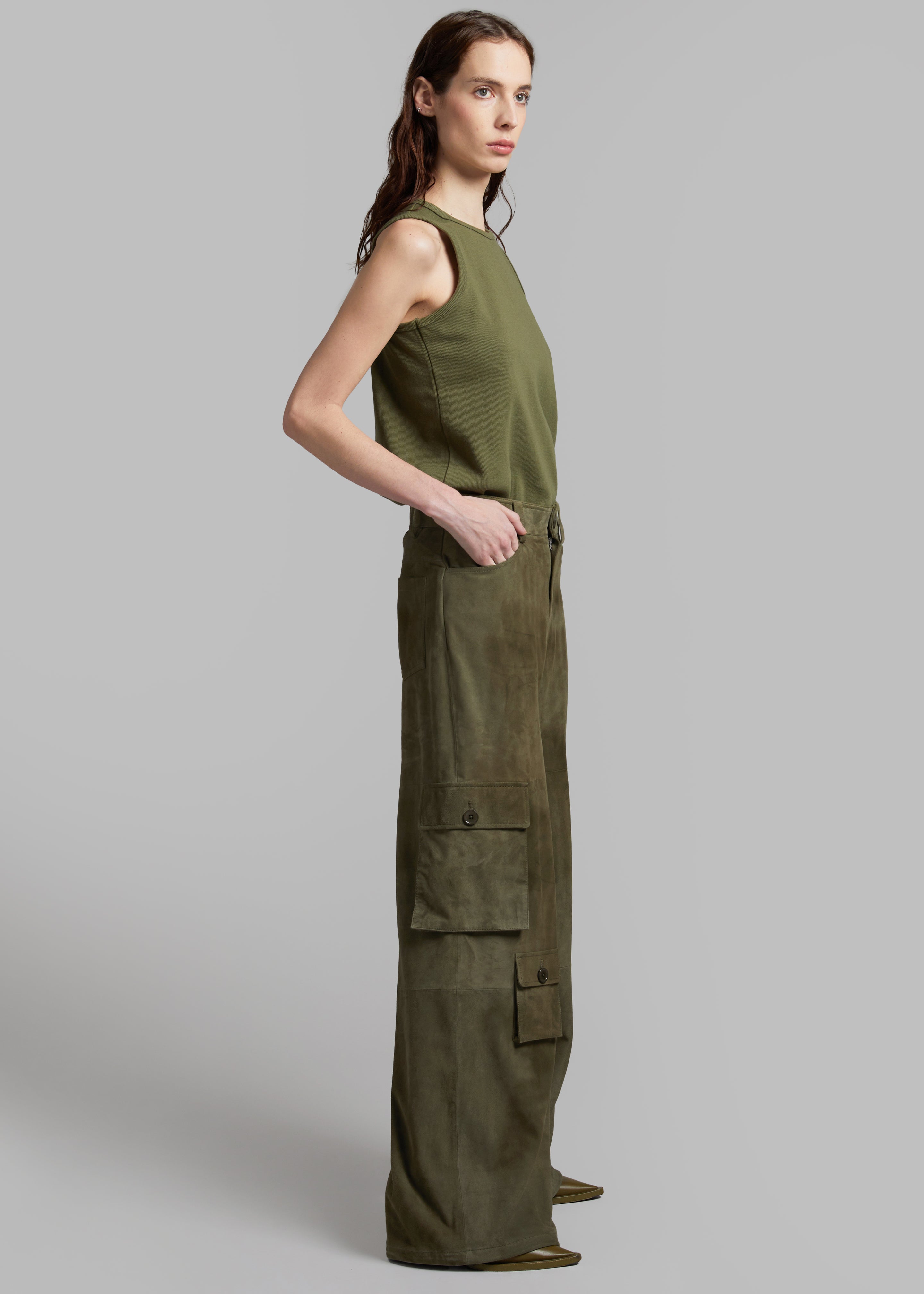 Hailey Suede Oversized Cargo Pants - Olive - 3