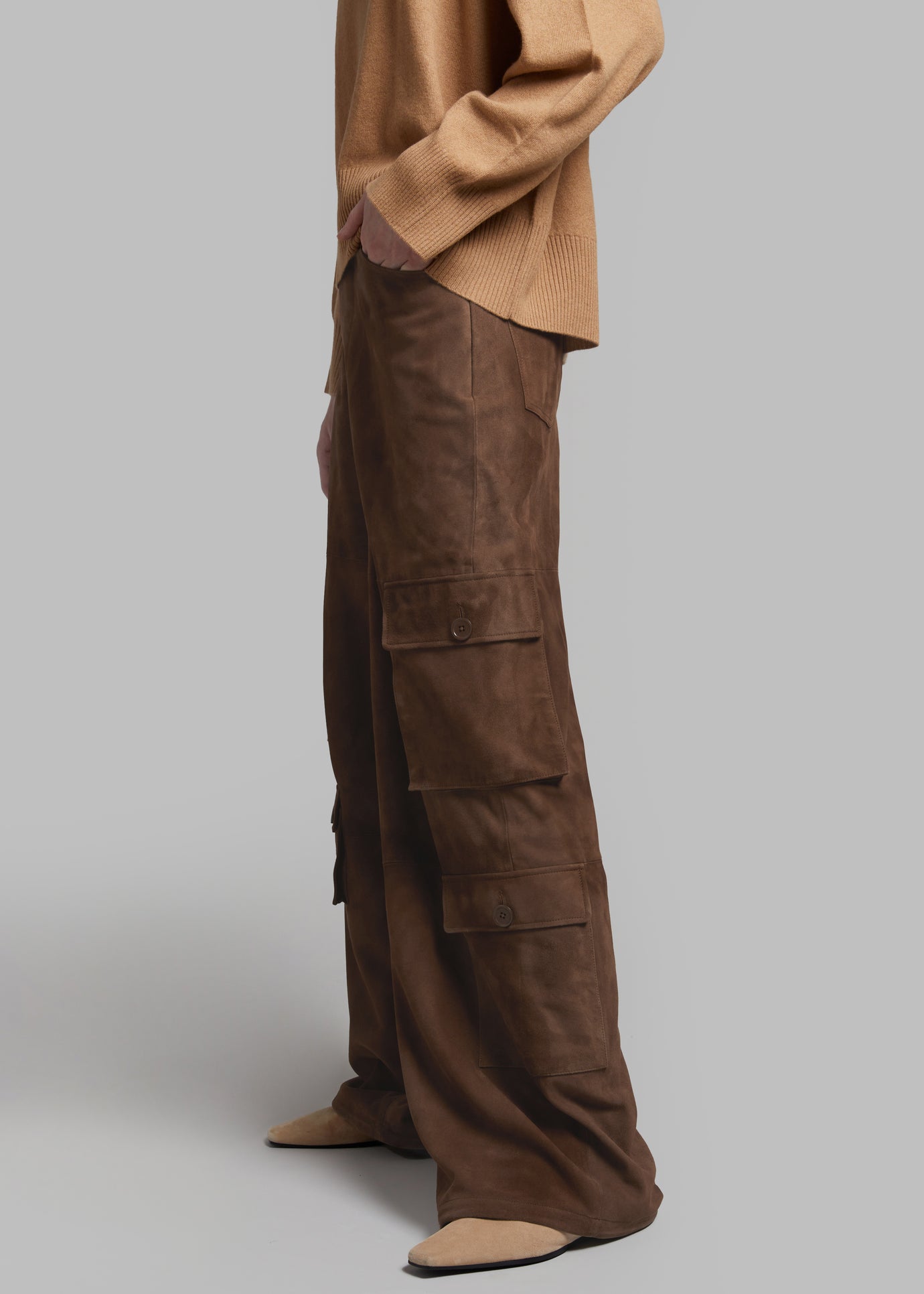 Hailey Suede Oversized Cargo Pants - Brown - 1