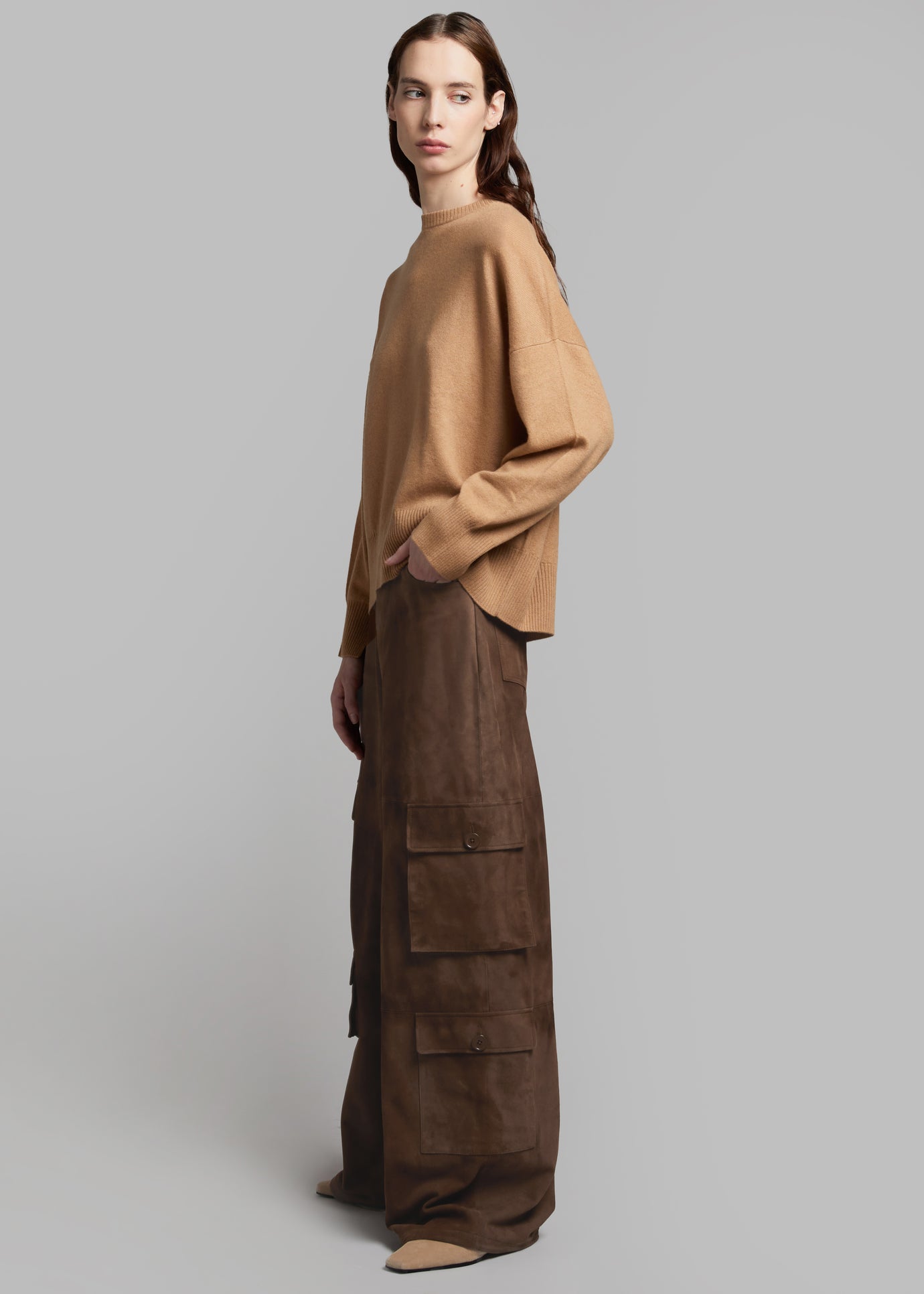 Hailey Suede Oversized Cargo Pants - Brown