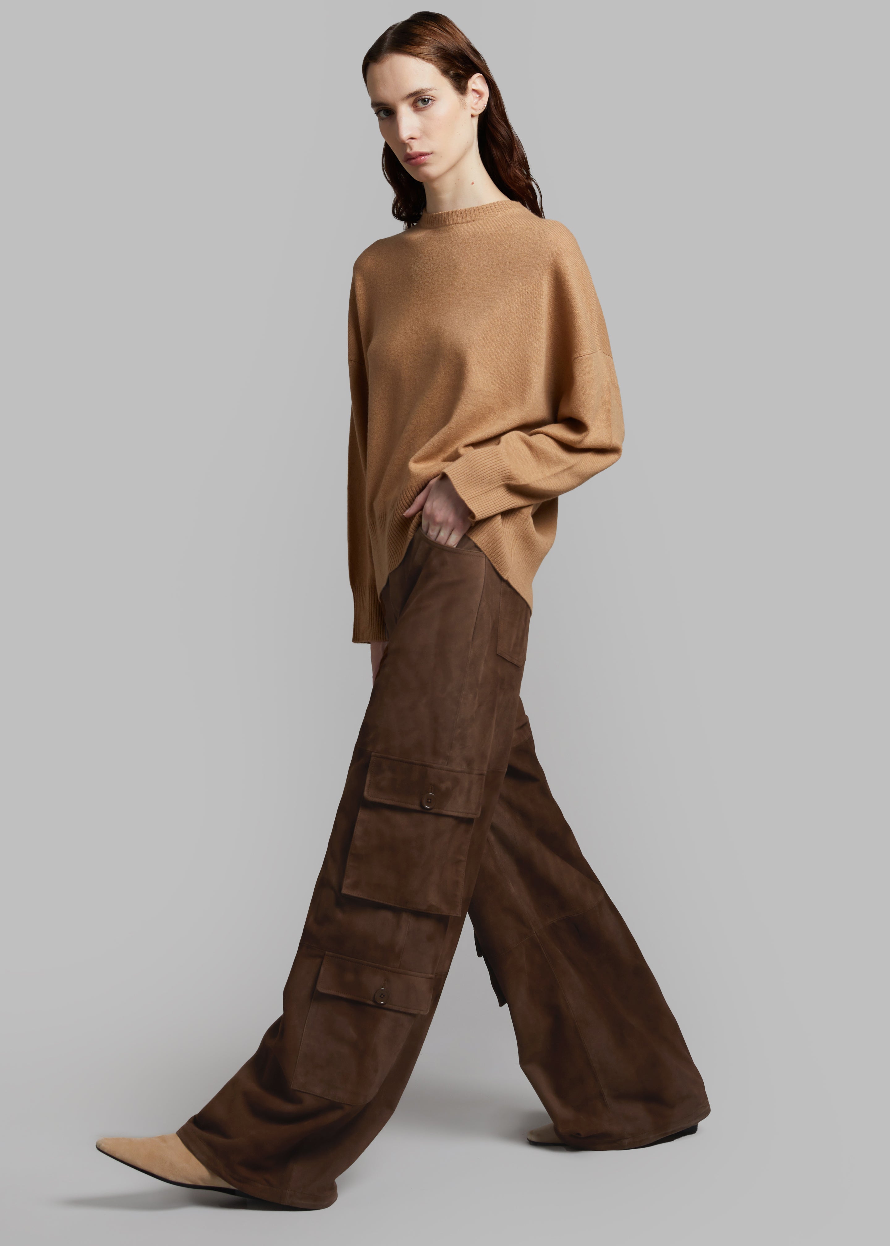 Hailey Suede Oversized Cargo Pants - Brown - 5