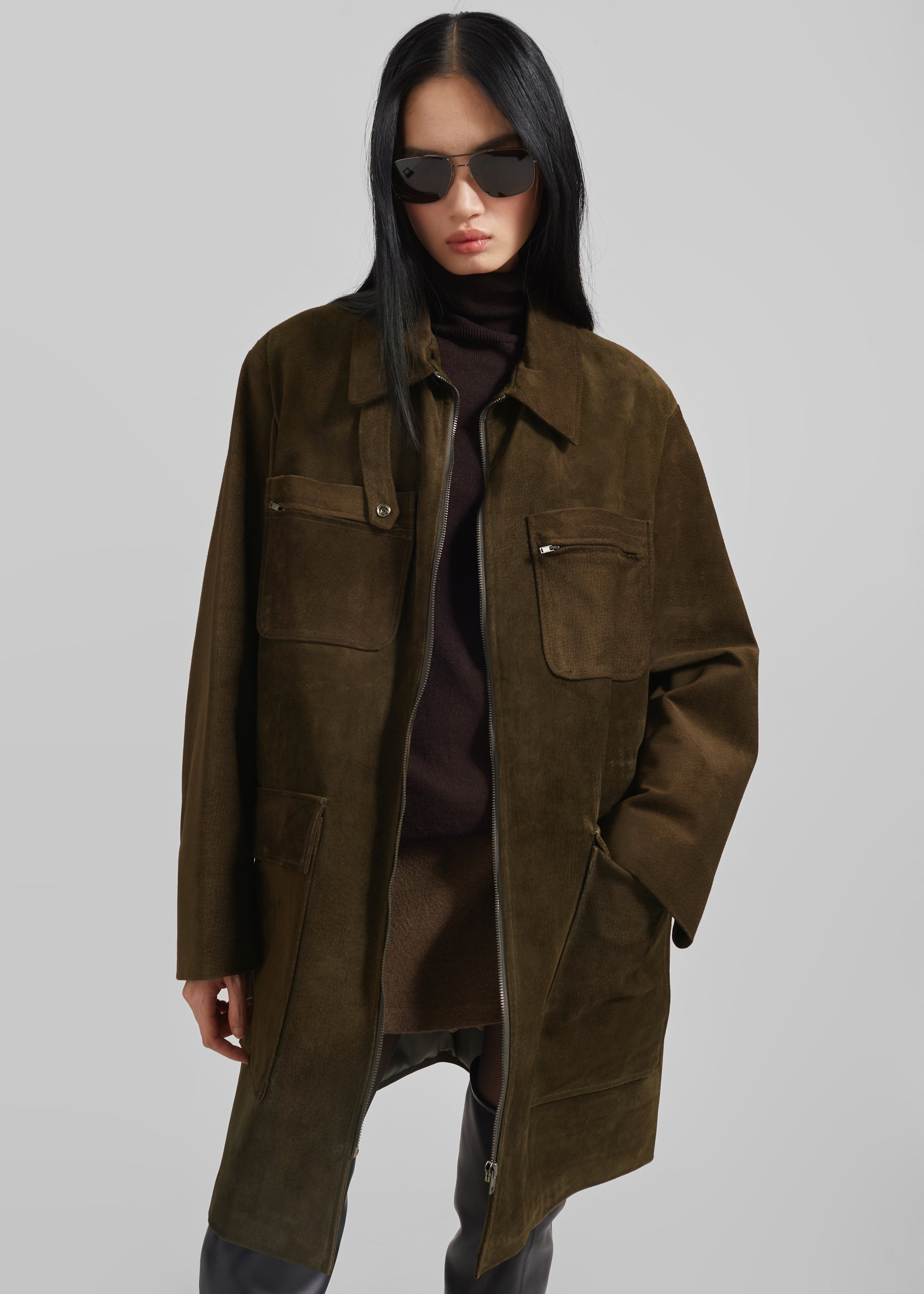 Haillot Suede Long Jacket - Khaki - 1