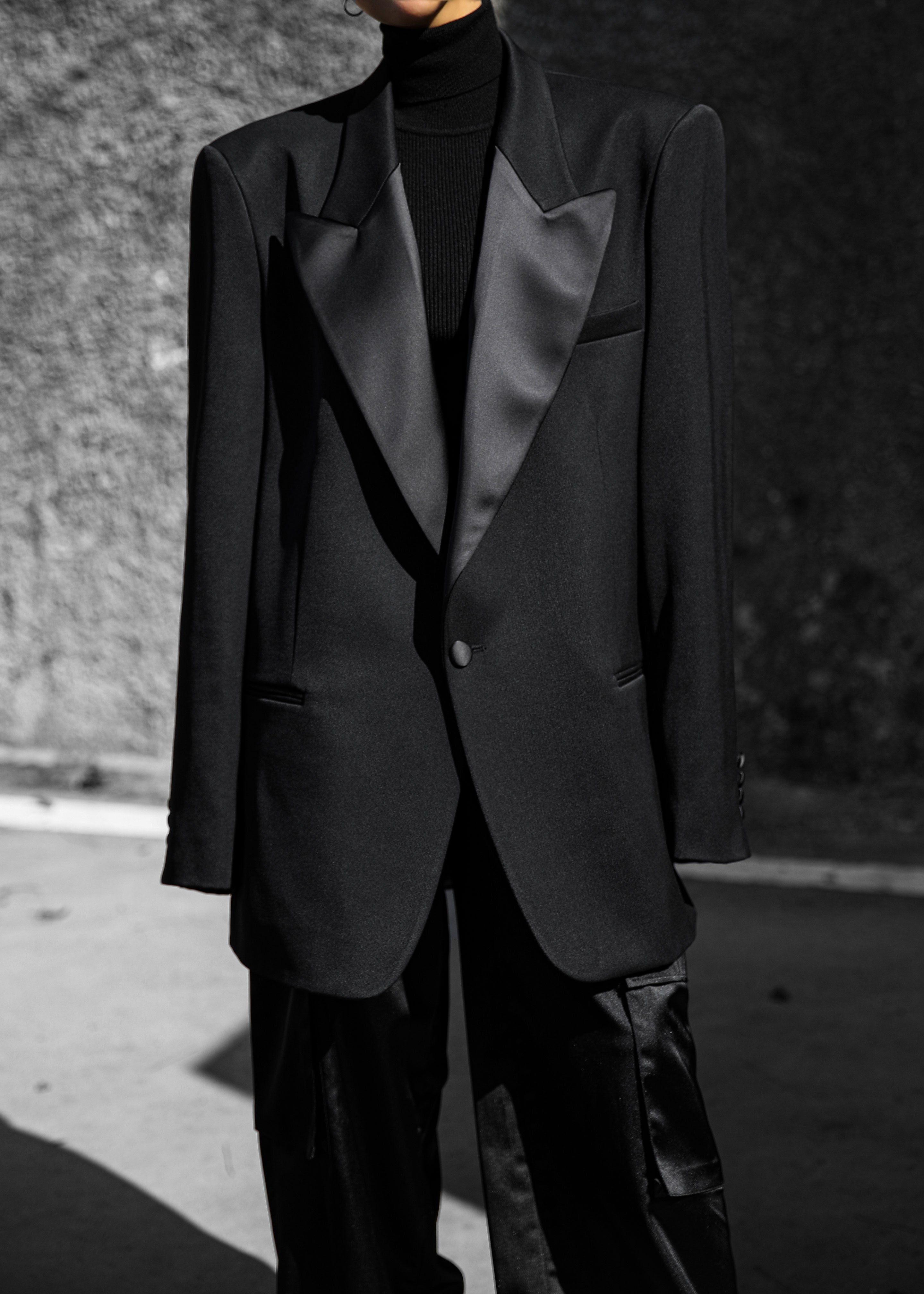 Satin Collar Blazer Black Tailored Satin Lapel Blazer Dress Dresses