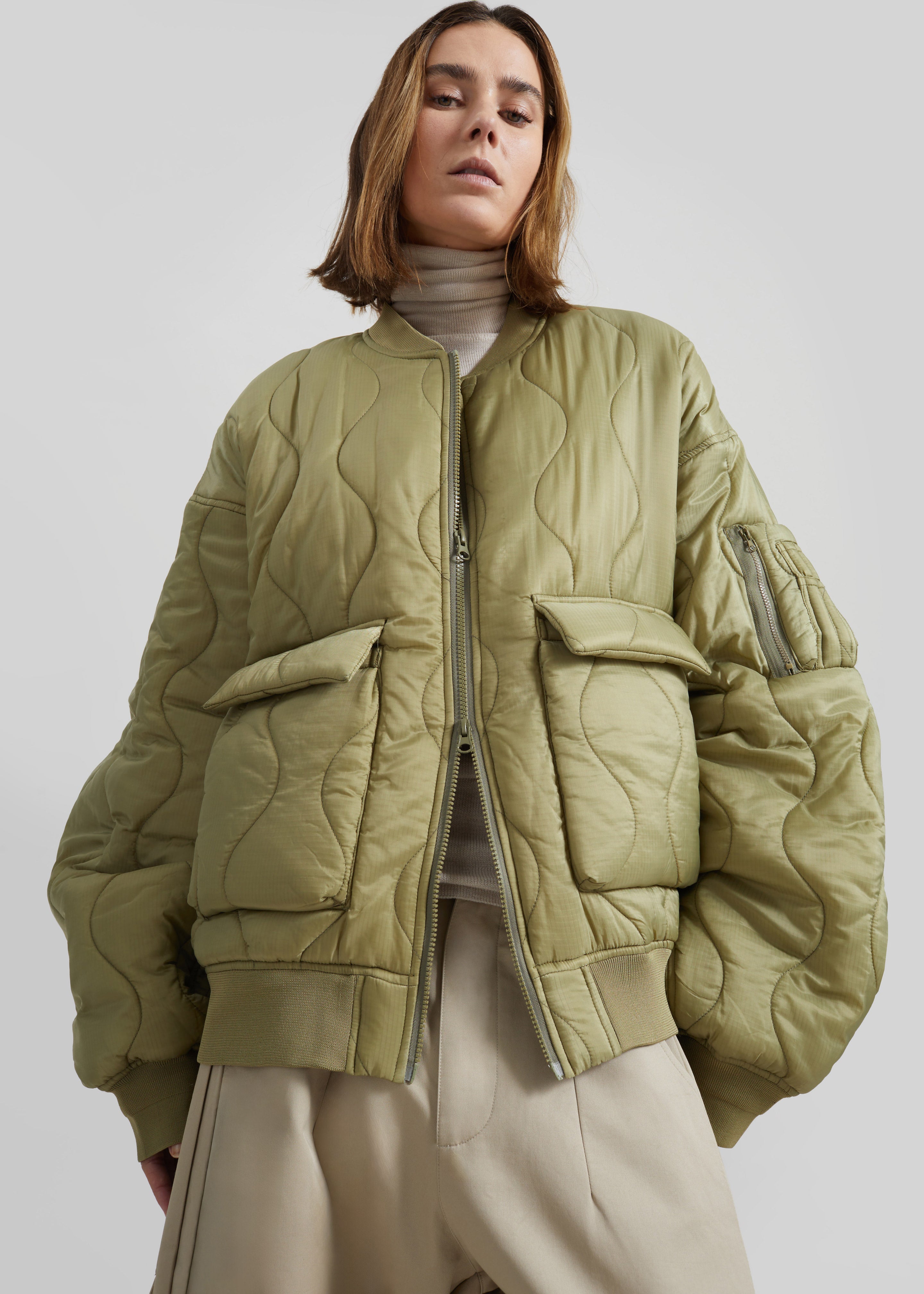 Halsey Quilted Bomber Jacket - Moss Green - 4