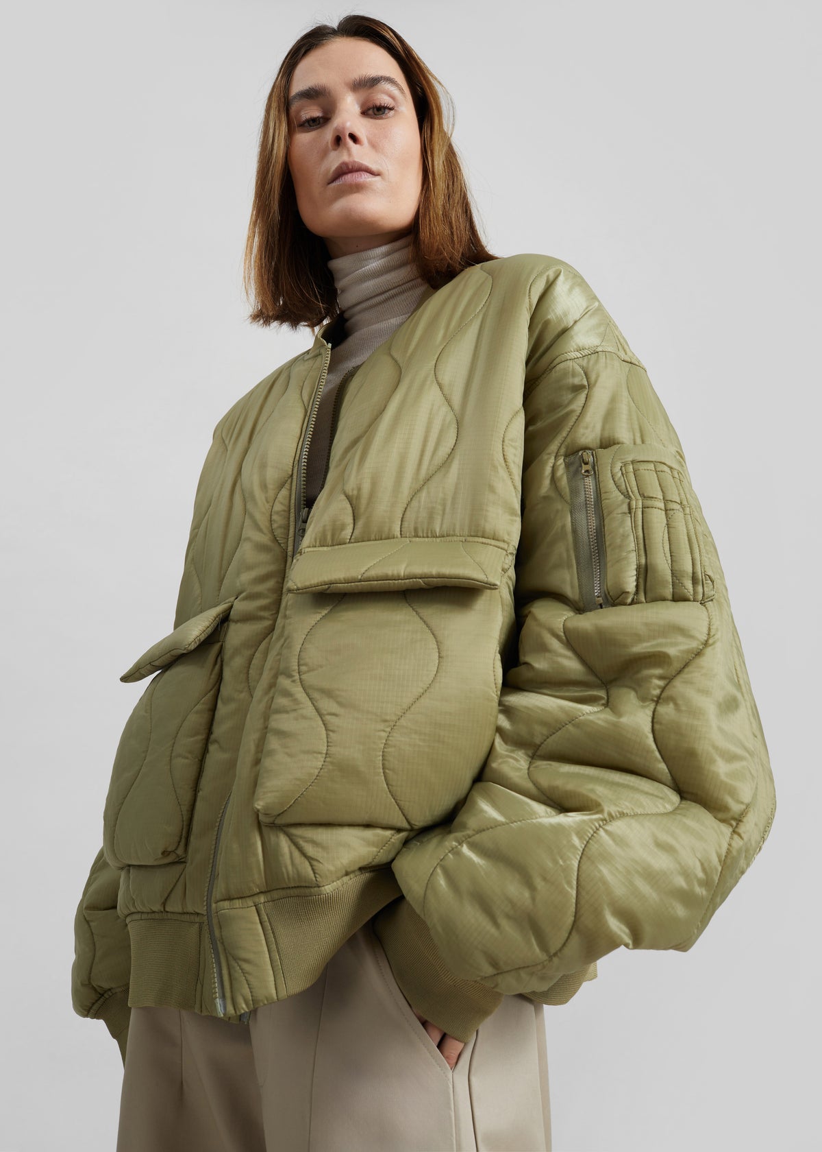 Halsey Quilted Bomber Jacket - Moss Green - 1